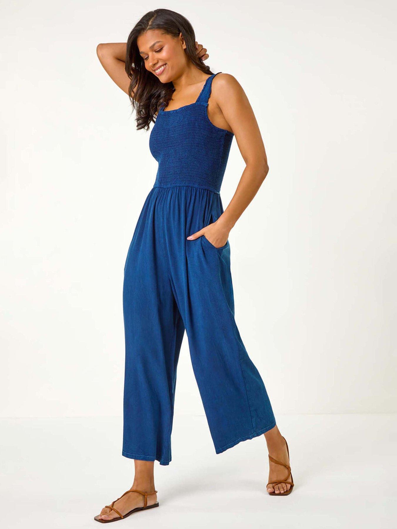 undefined Denim Shirred Bodice Pocket Jumpsuit