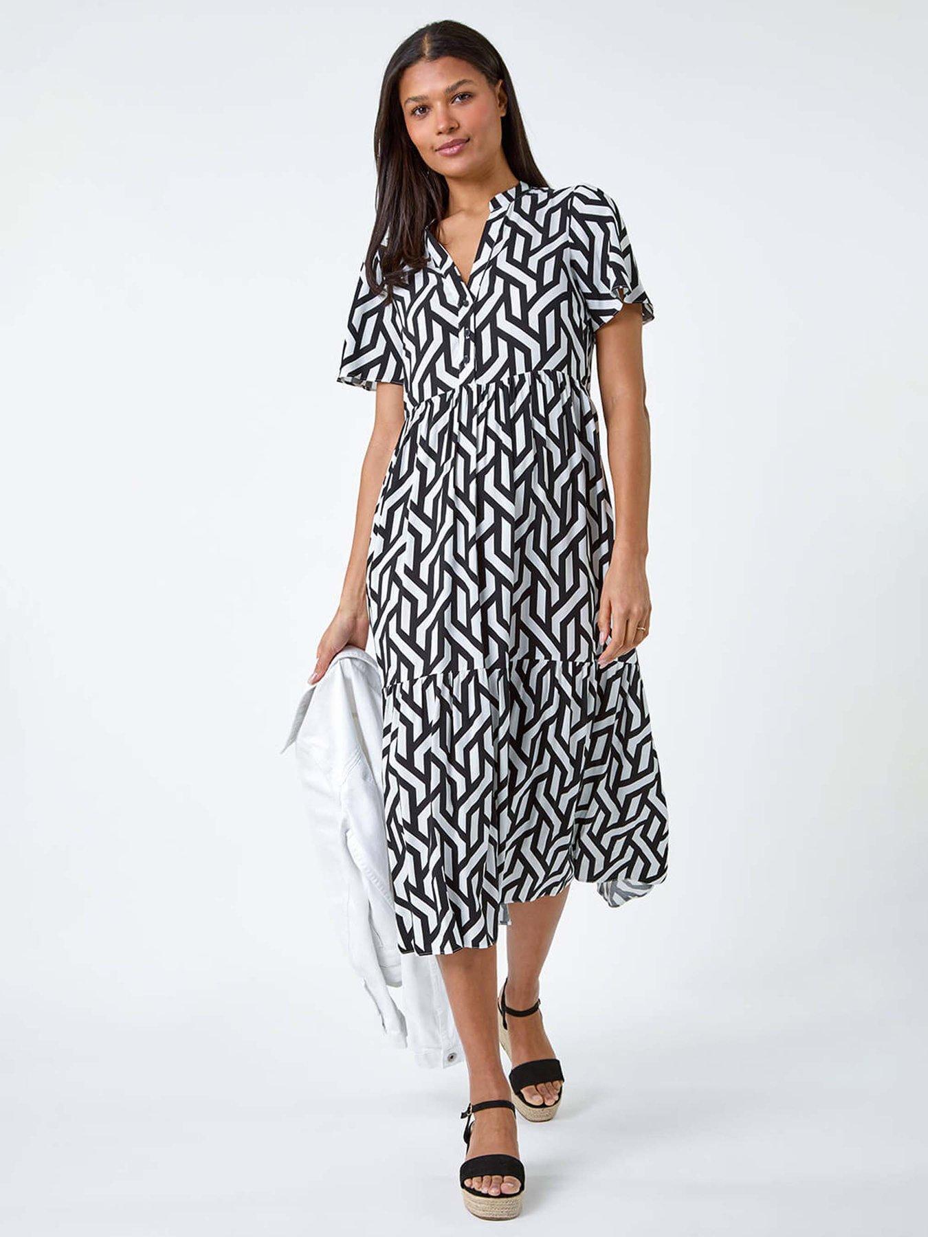 Roman Geometric Print Tiered Midi Dress, Black, Size 16, Women