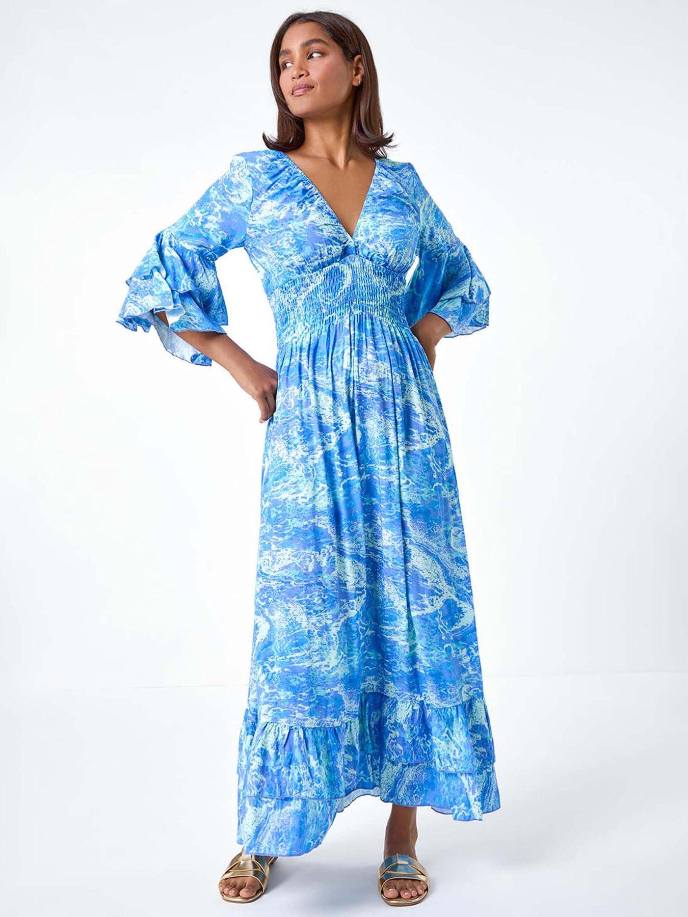 undefined Abstract Ruffle Detail Shirred Maxi Dress