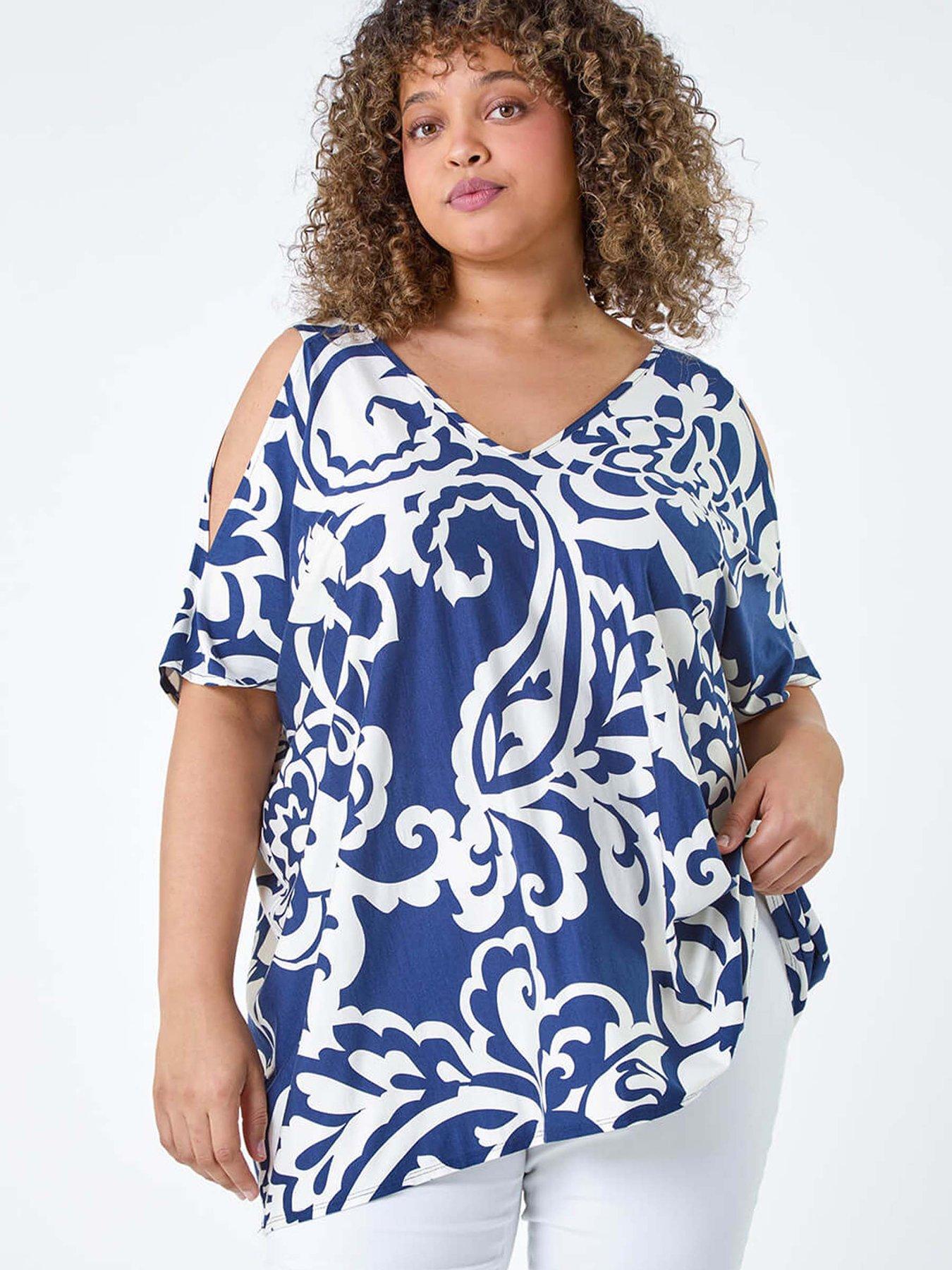 undefined Curve Floral Print V-neck Cold Shoulder Top
