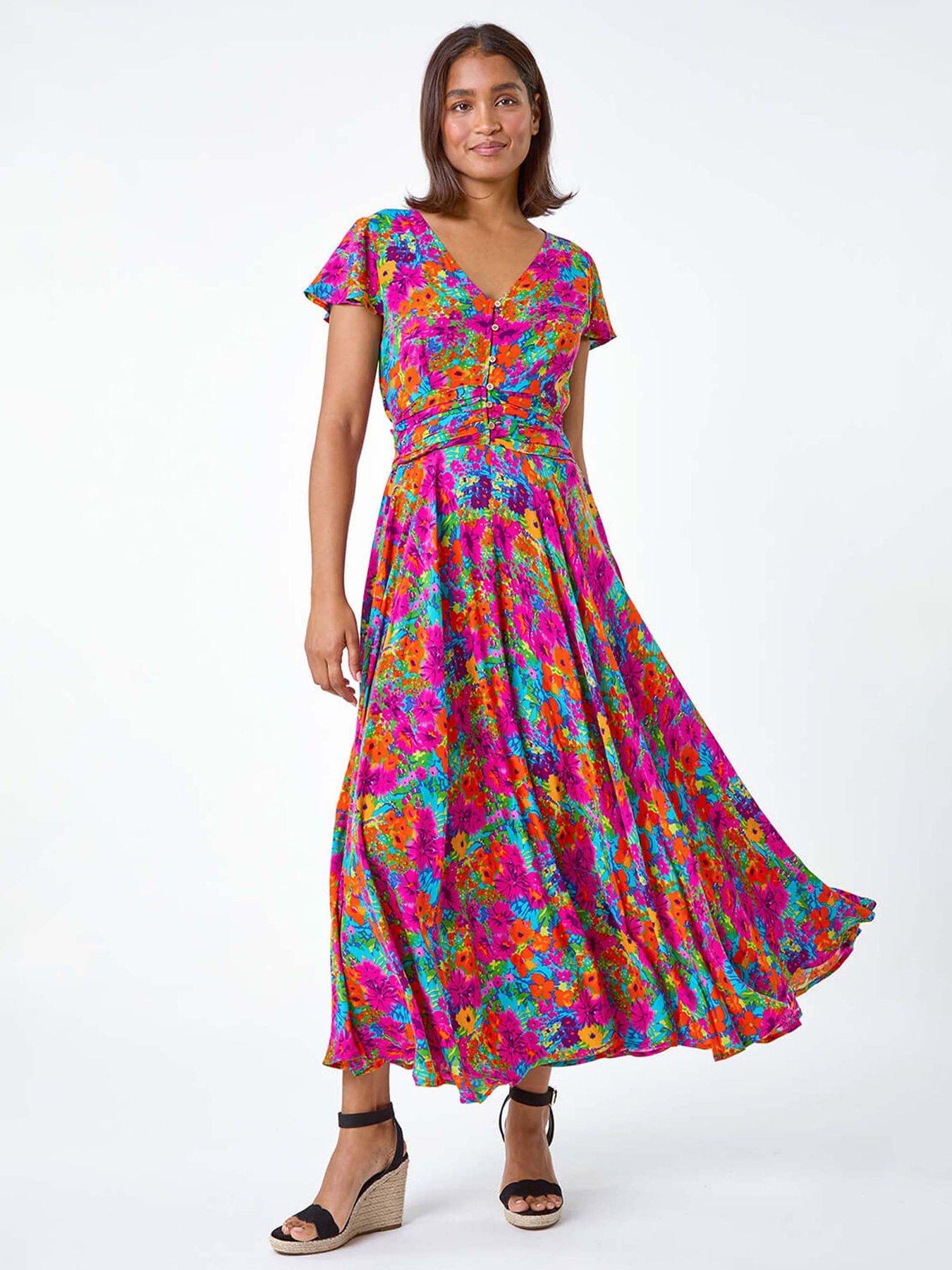 Roman Floral Ruched Waist Midi Dress, Pink, Size 12, Women
