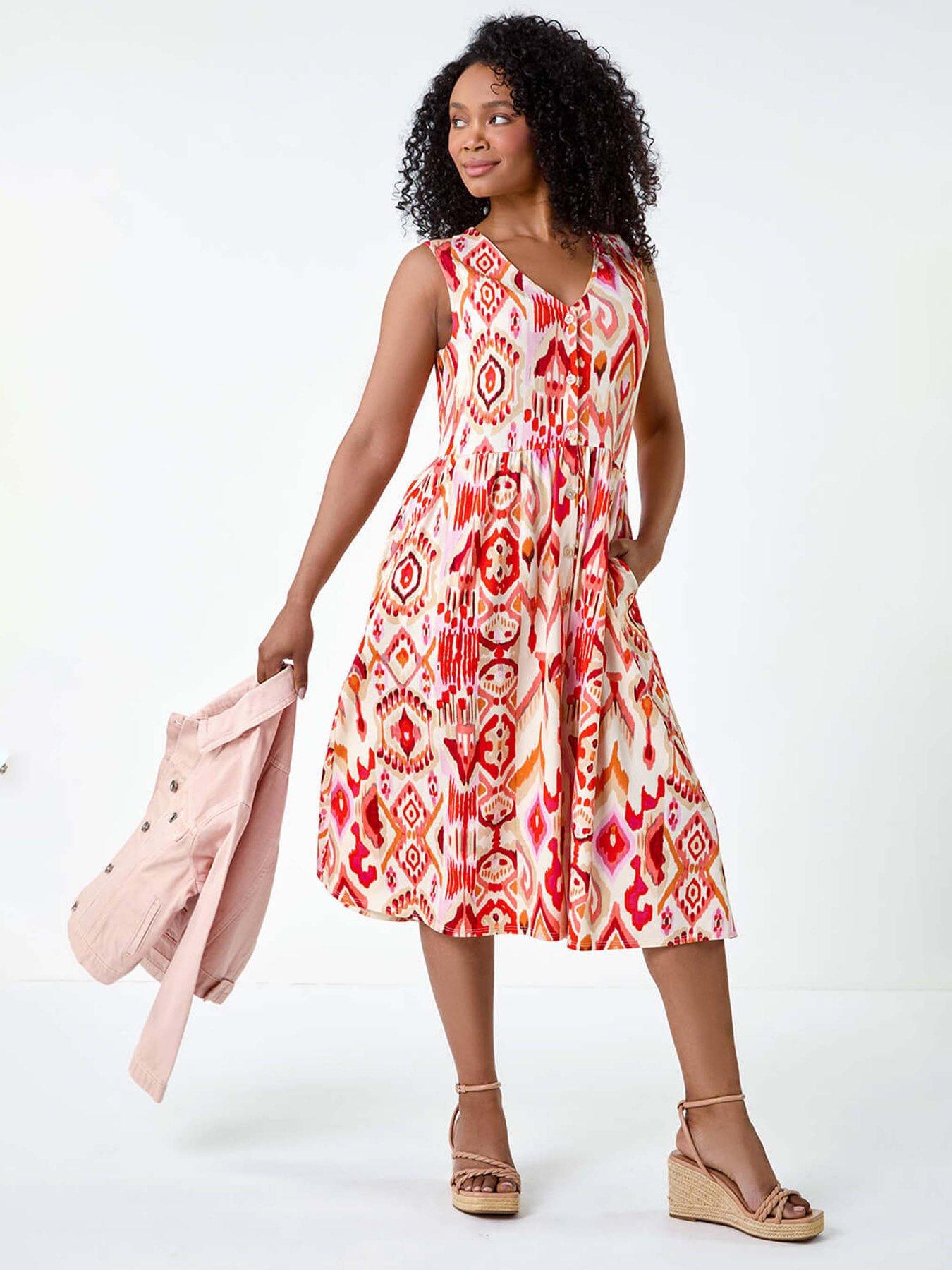 Image 1 of 5 of Roman Petite Aztec Button Stretch Midi Dress - Orange