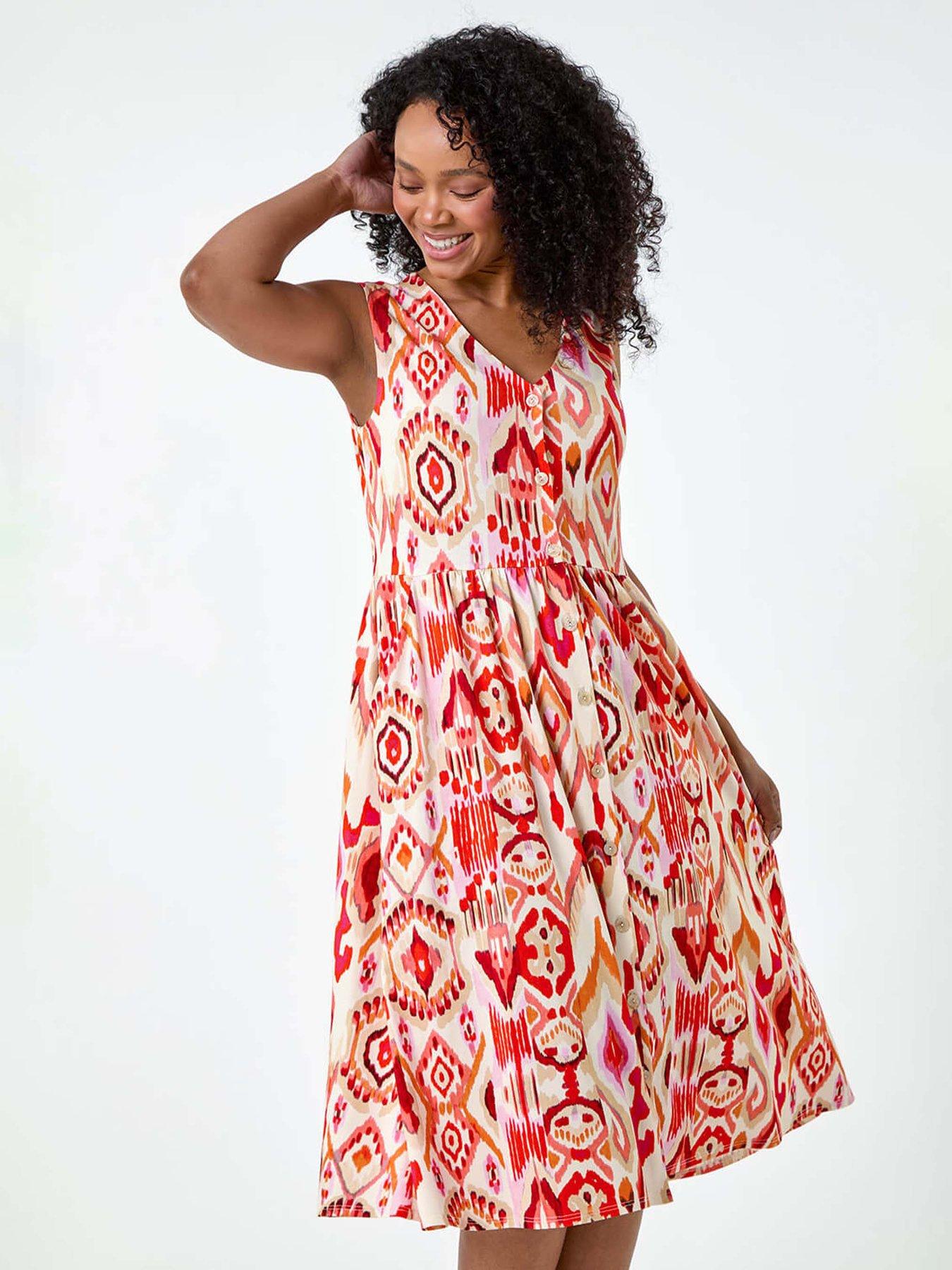 Image 3 of 5 of Roman Petite Aztec Button Stretch Midi Dress - Orange