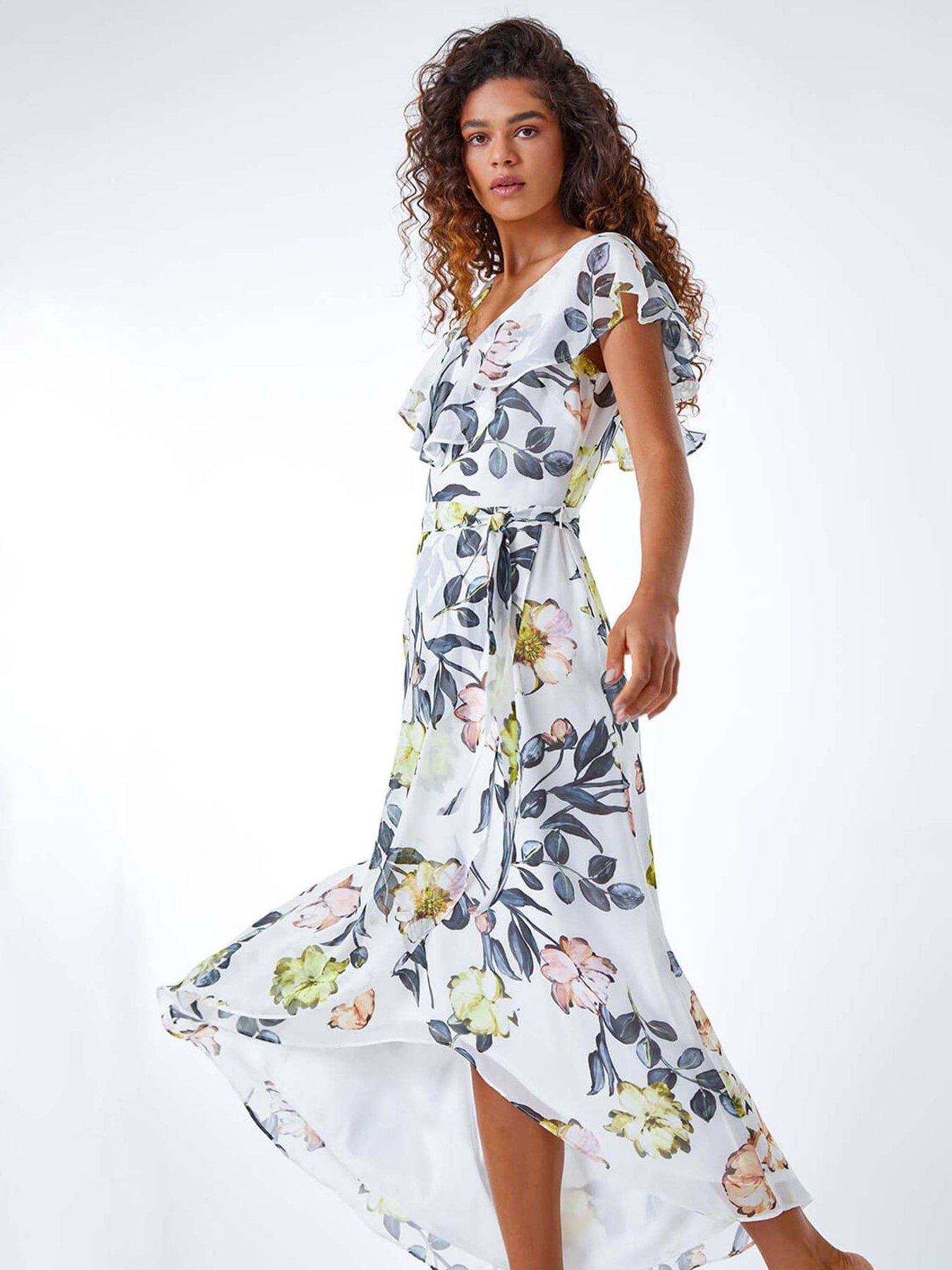 Image 1 of 5 of Roman Floral Print Frill Cape Wrap Dress