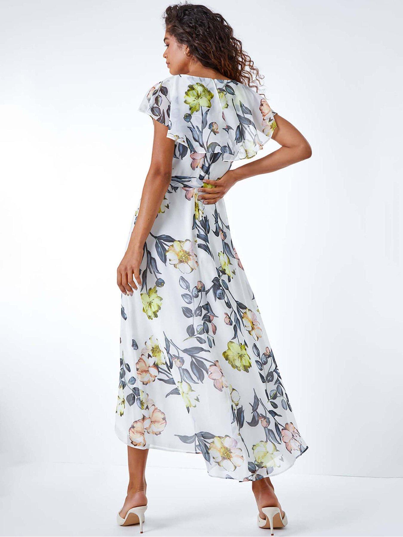 Image 2 of 5 of Roman Floral Print Frill Cape Wrap Dress