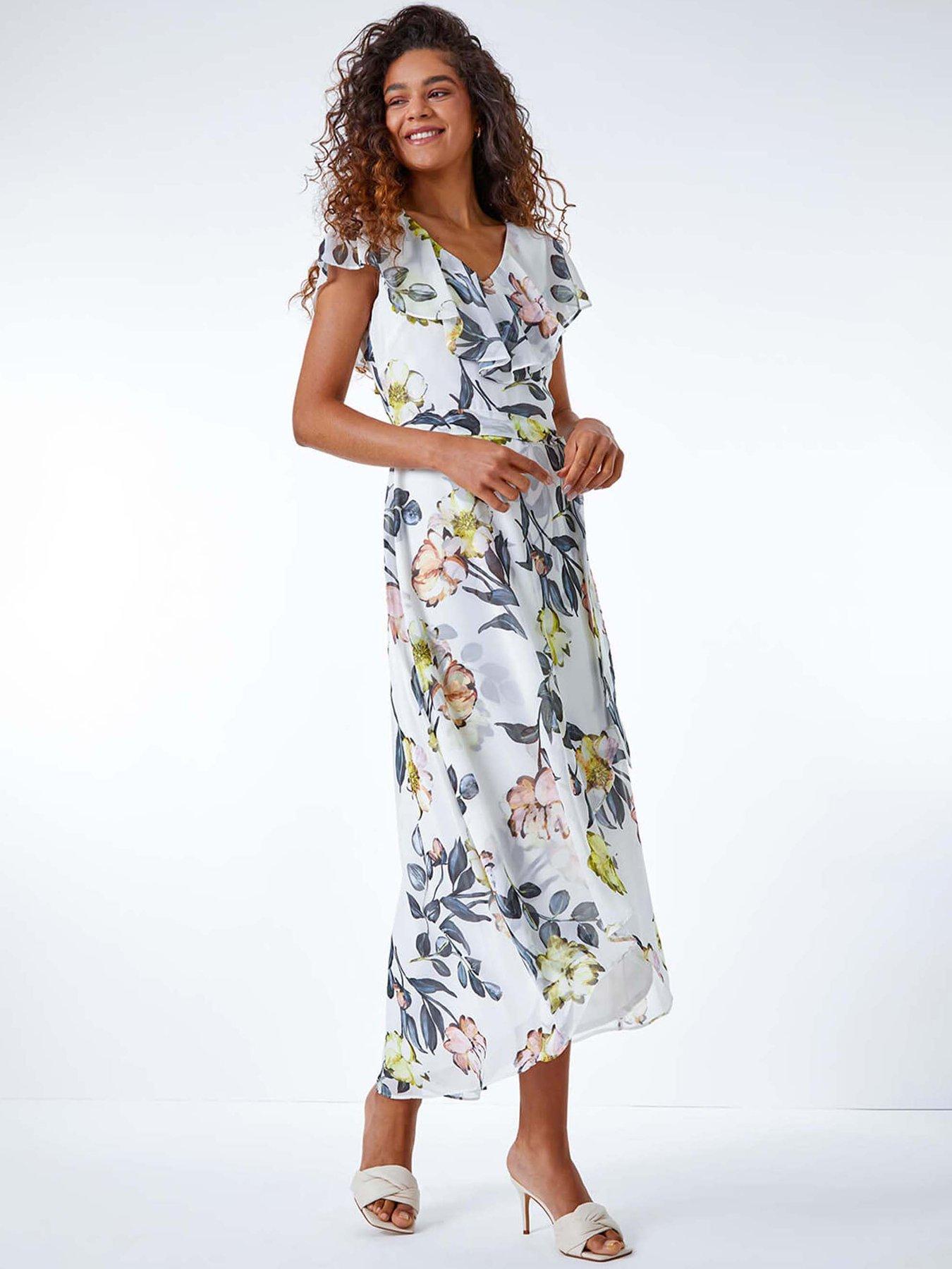 Image 3 of 5 of Roman Floral Print Frill Cape Wrap Dress