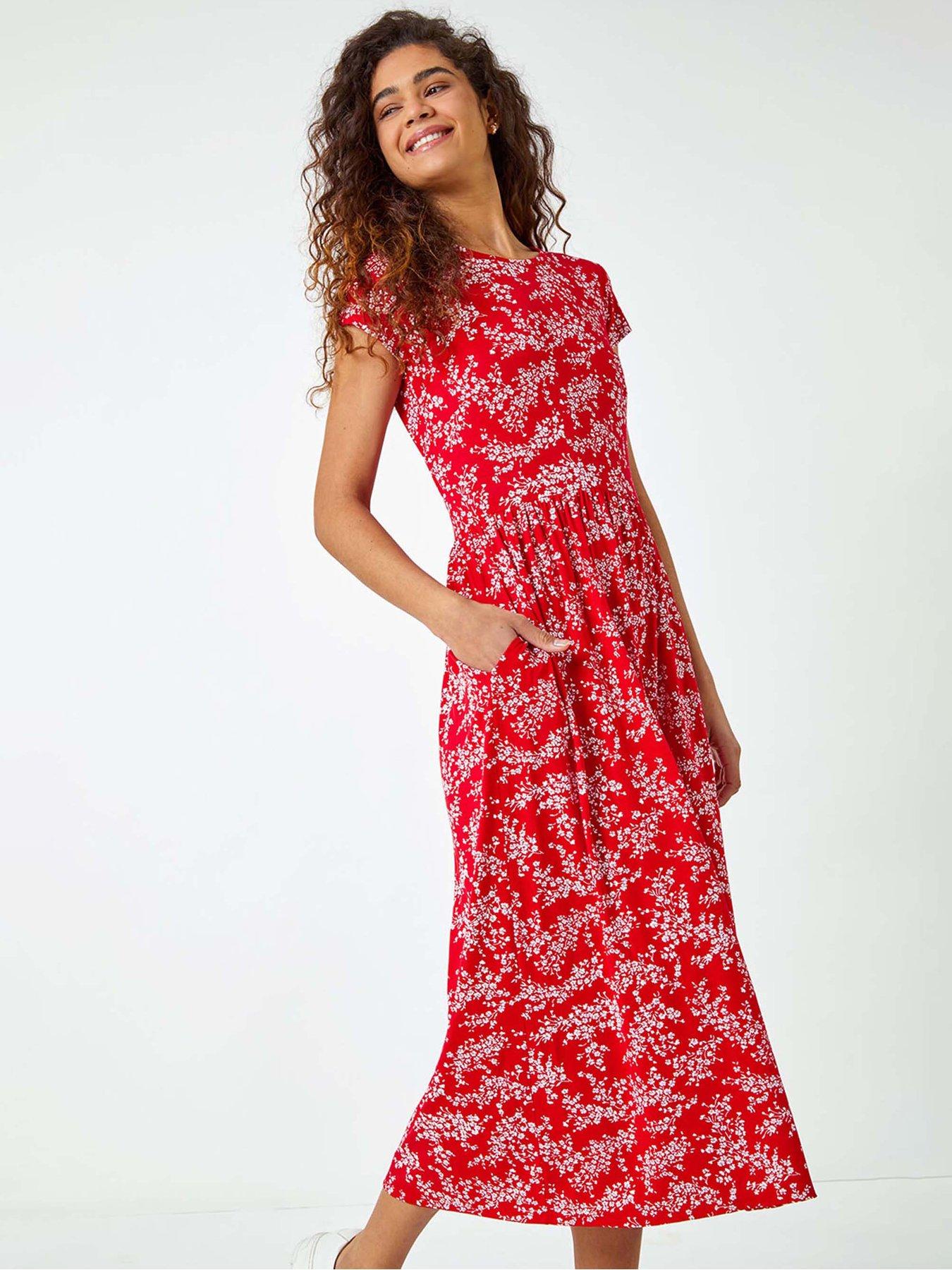undefined Ditsy Gathered Skirt Stretch Midi Dress
