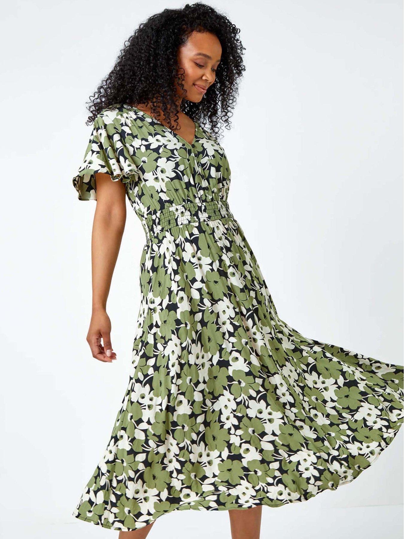 Image 1 of 5 of Roman Petite Floral Print Shirred Midi Dress