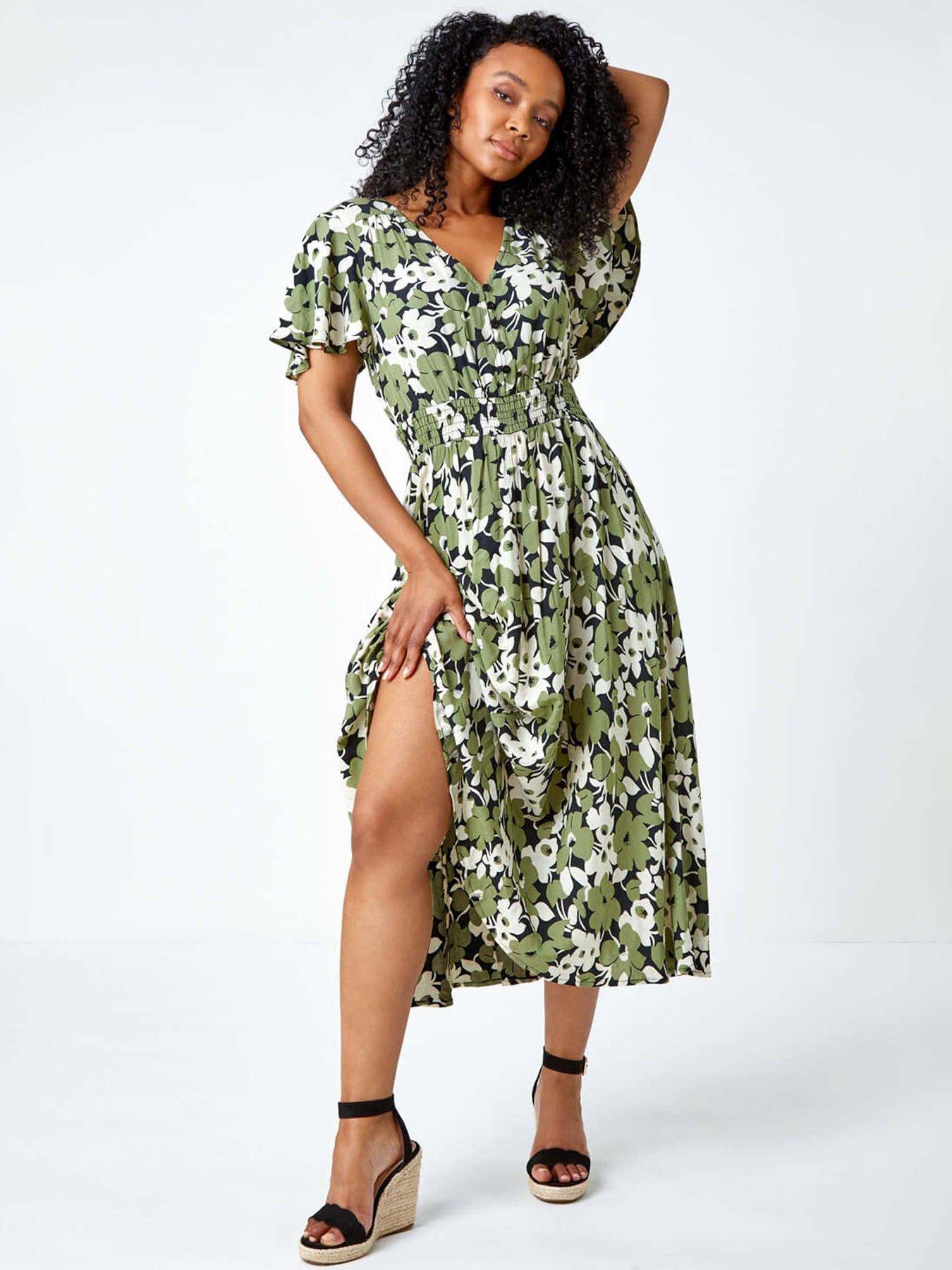 Image 3 of 5 of Roman Petite Floral Print Shirred Midi Dress