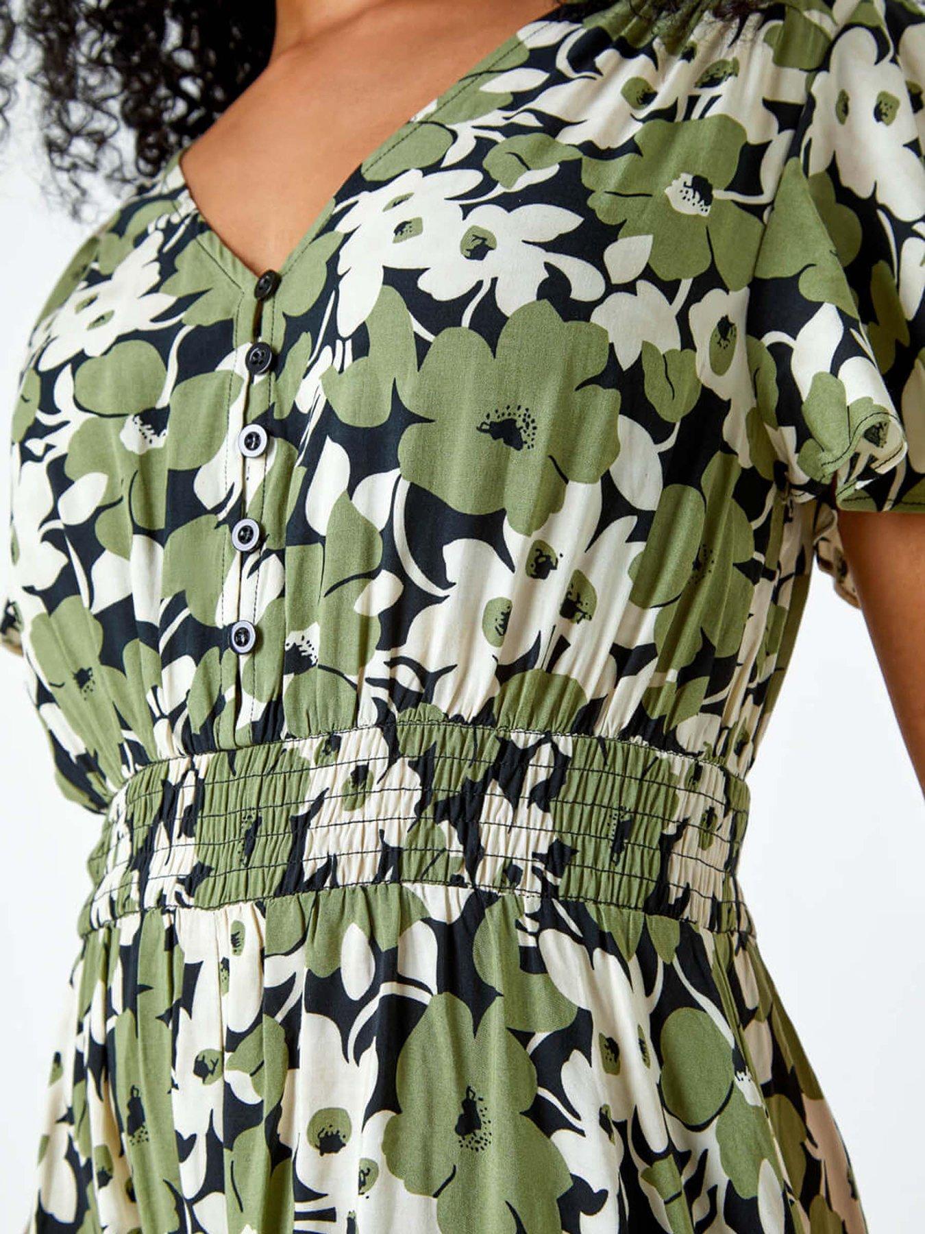 Image 5 of 5 of Roman Petite Floral Print Shirred Midi Dress