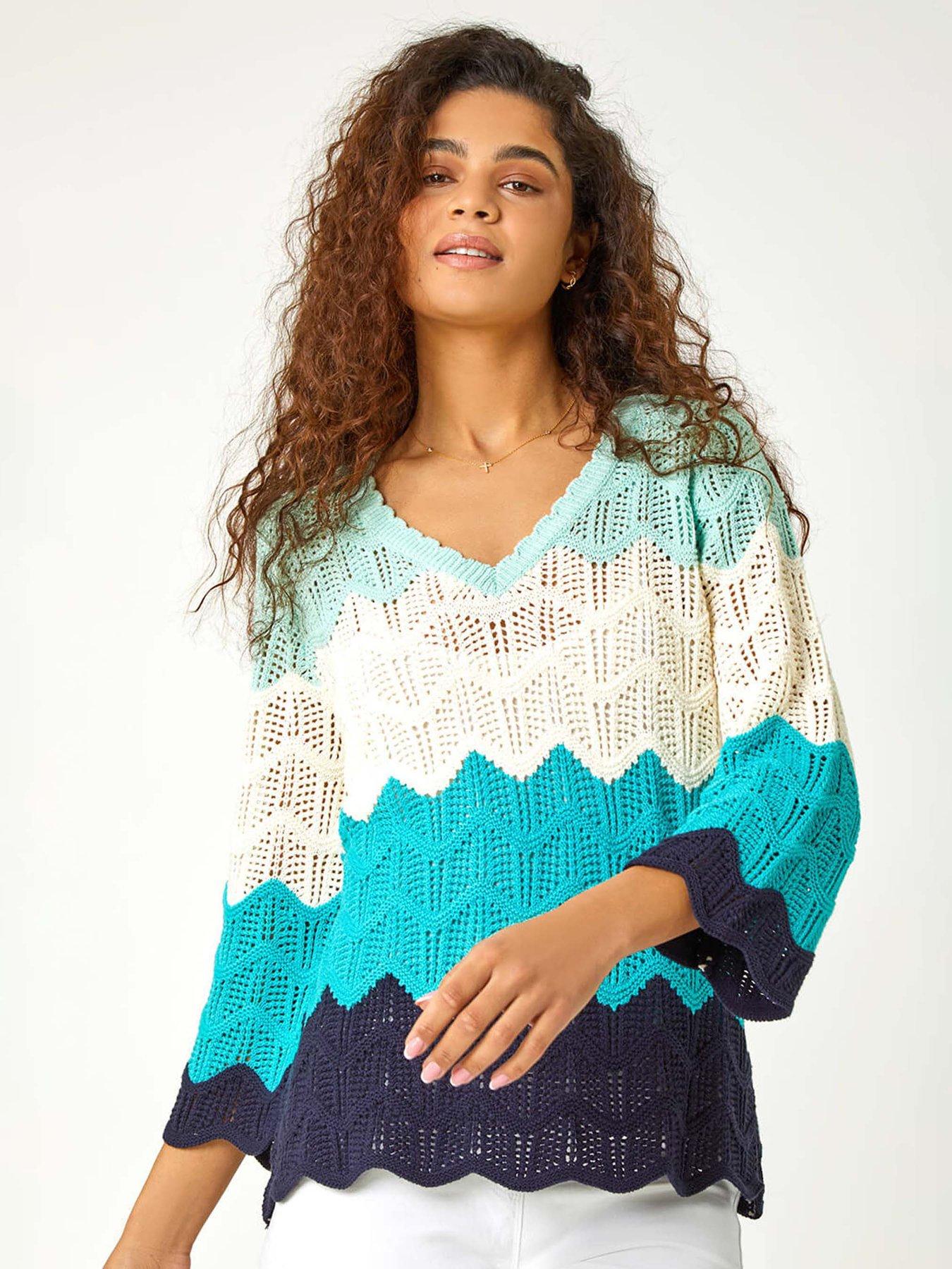 undefined Colour Block Crochet Knit Scalloped Jumper