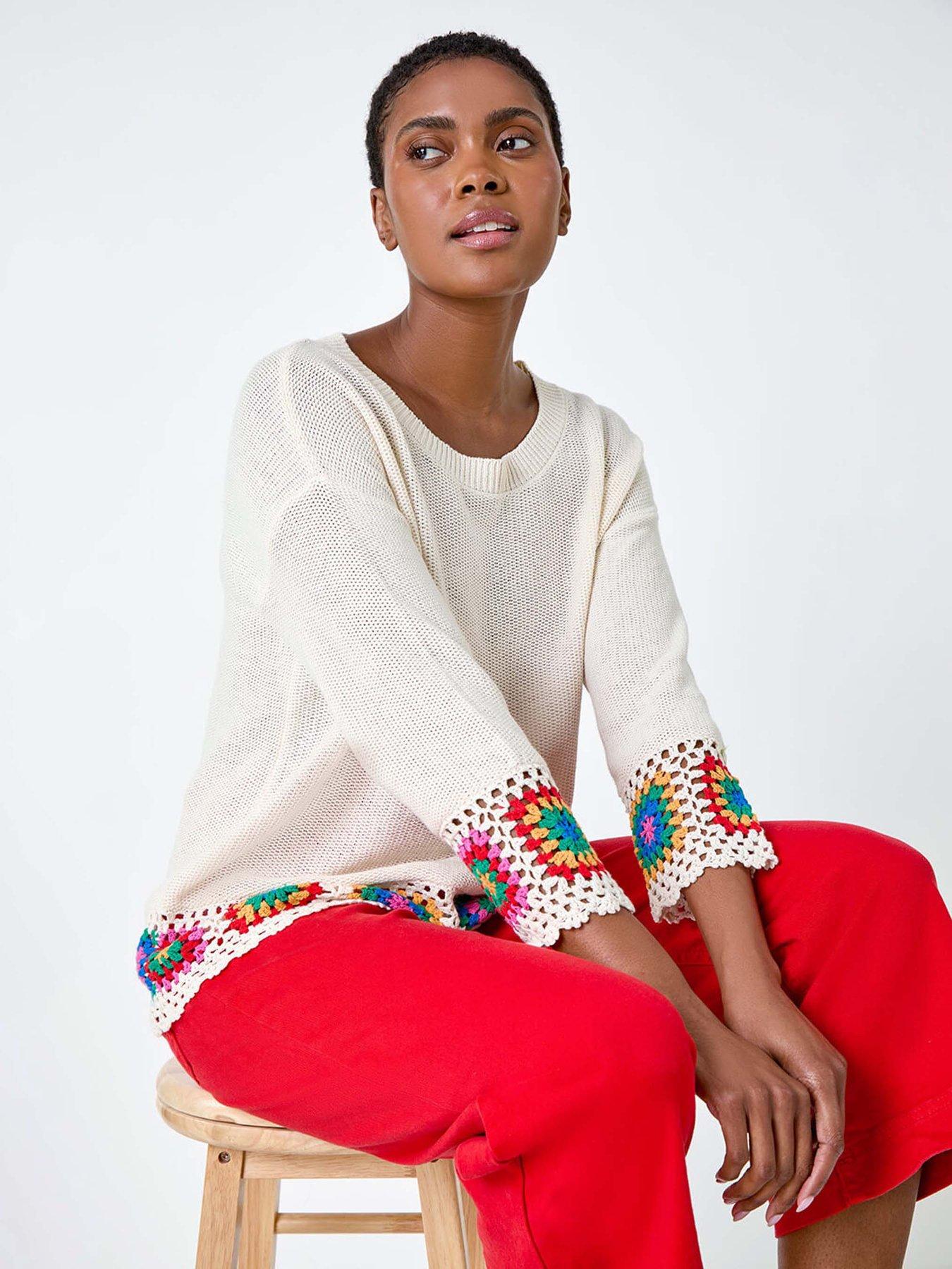 undefined Floral Crochet Hem Cotton Jumper
