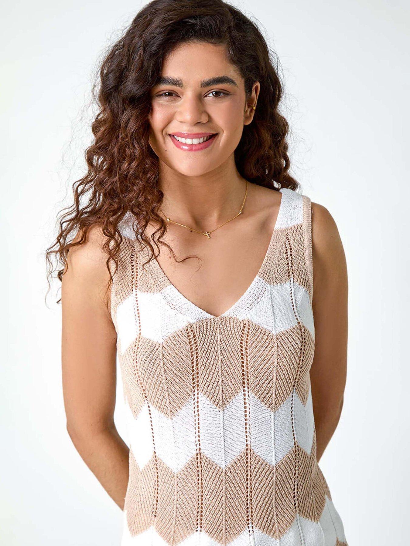 Image 4 of 5 of Roman Chevron Stripe Knit Top - Beige