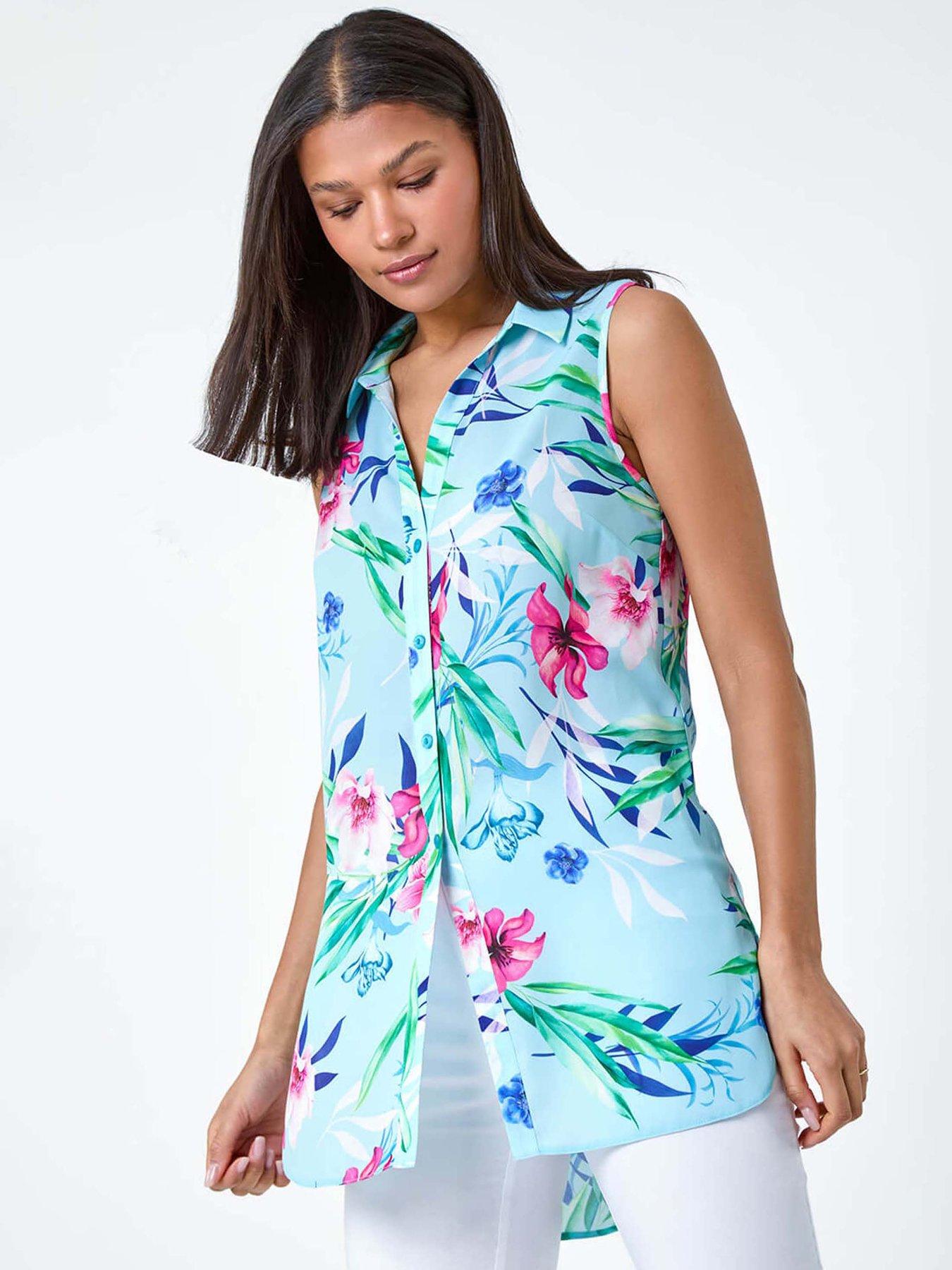 Image 1 of 5 of Roman Tropical Floral Sleeveless Button Blouse