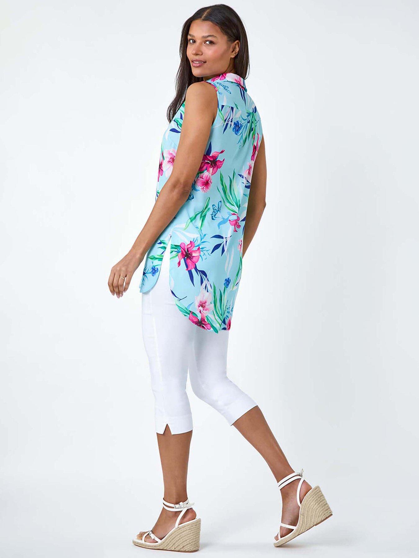 Image 2 of 5 of Roman Tropical Floral Sleeveless Button Blouse