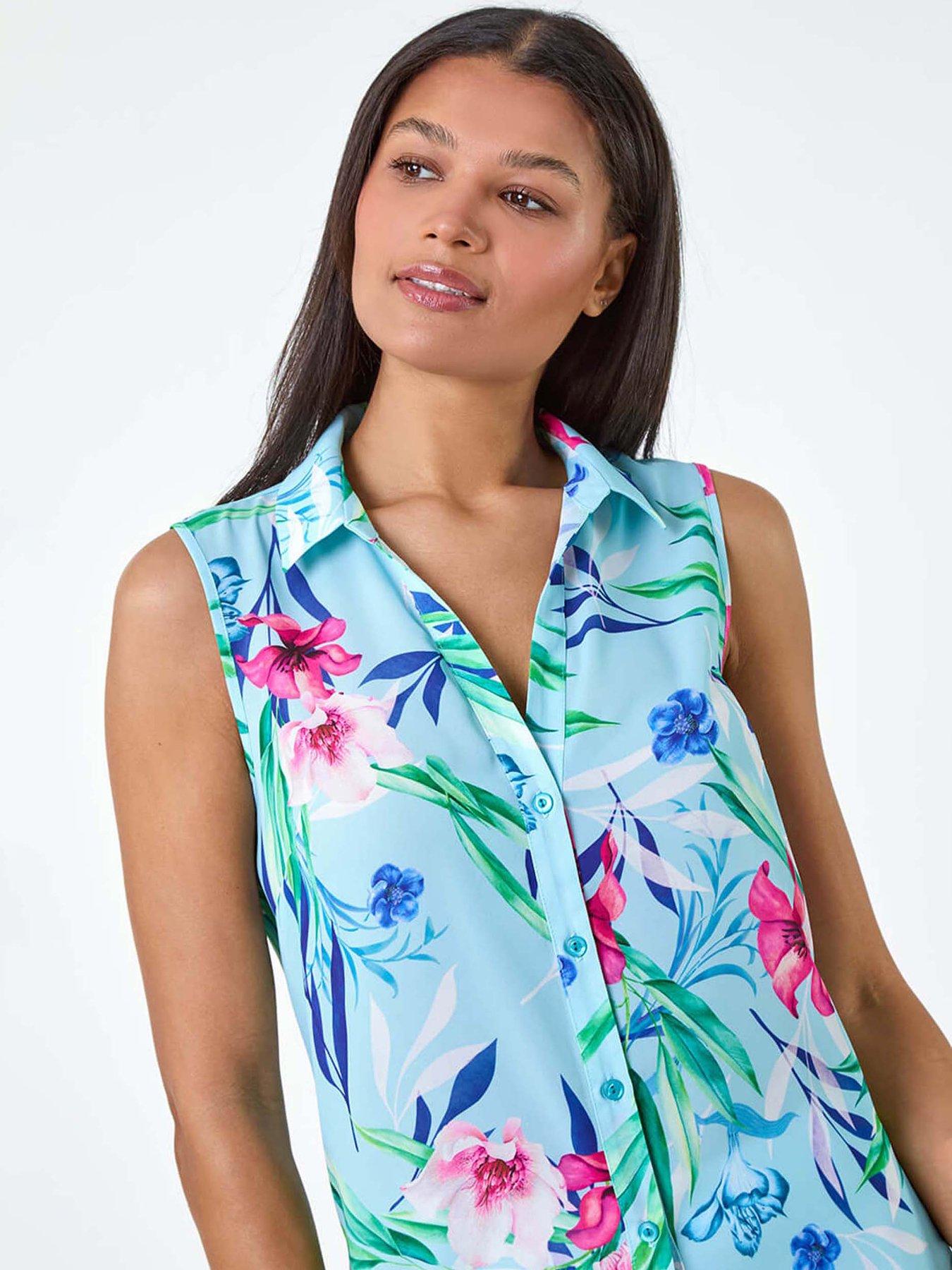 Image 4 of 5 of Roman Tropical Floral Sleeveless Button Blouse