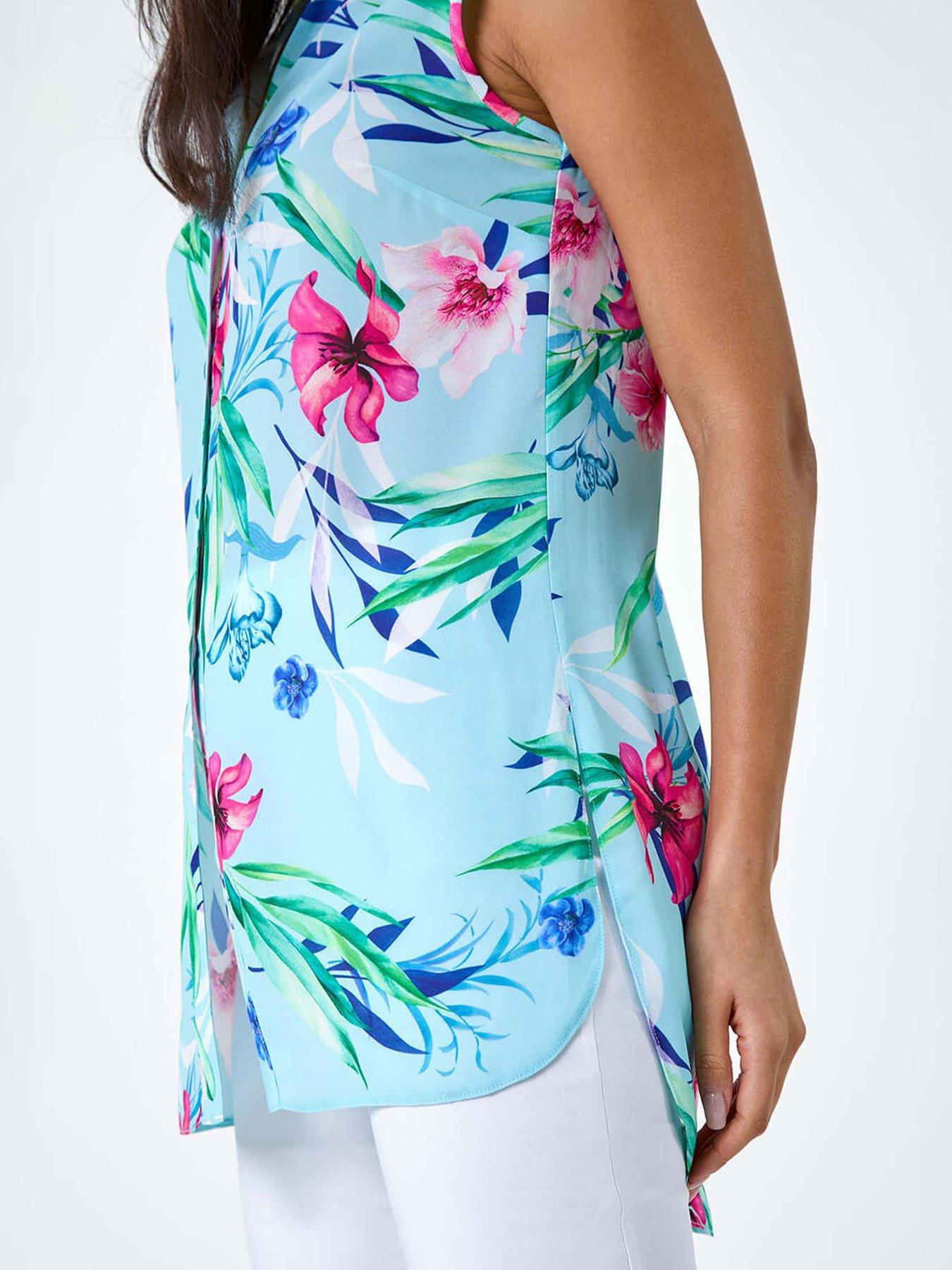 Image 5 of 5 of Roman Tropical Floral Sleeveless Button Blouse