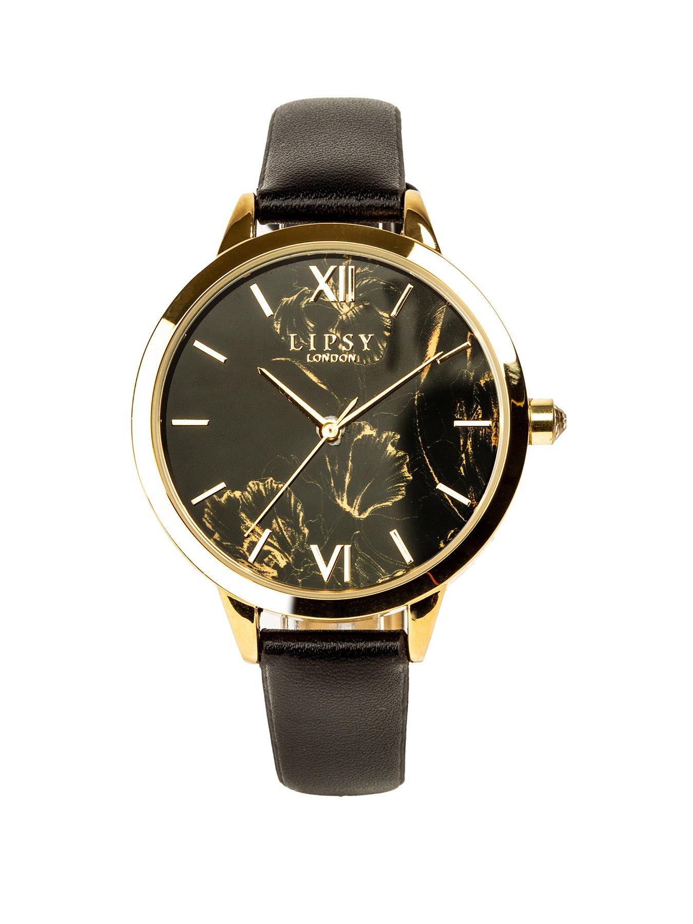 undefined Black Strap Watch with Black and Gold Floral Print Dial