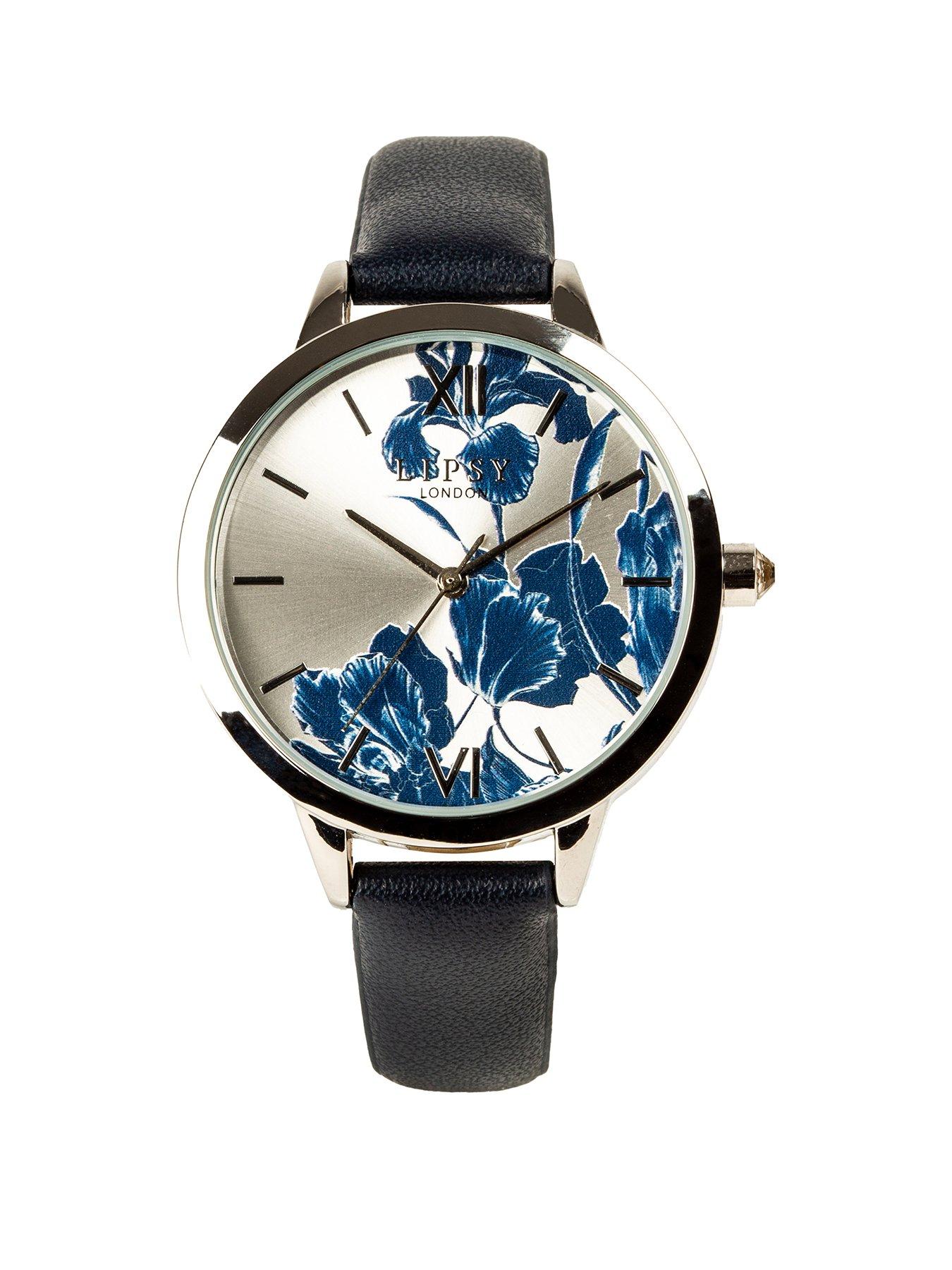 Lipsy Blue Strap Watch with Blue and Silver Floral Print Dial