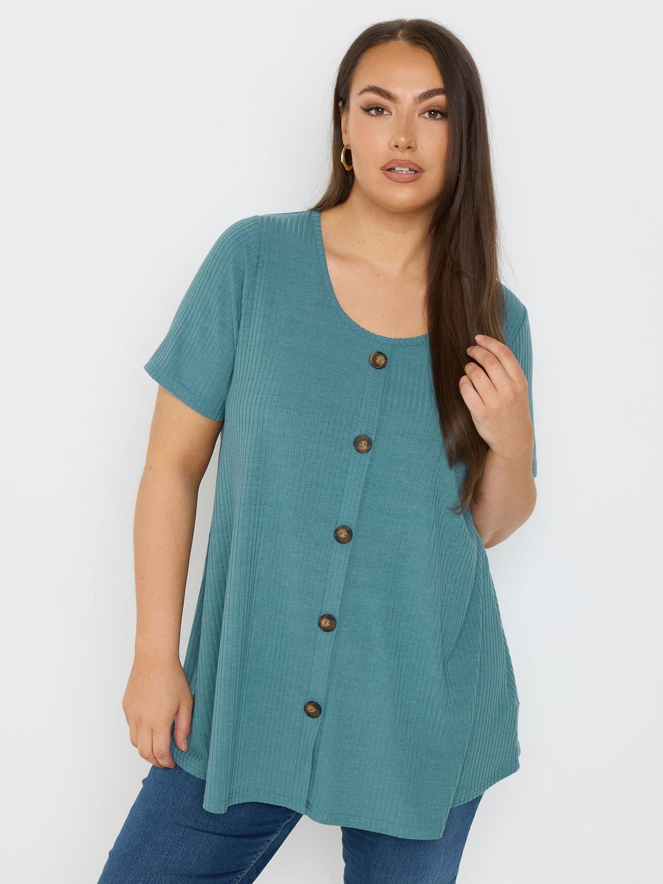 Yours Curve Button Front Rib T-Shirt - Teal Blue | Very