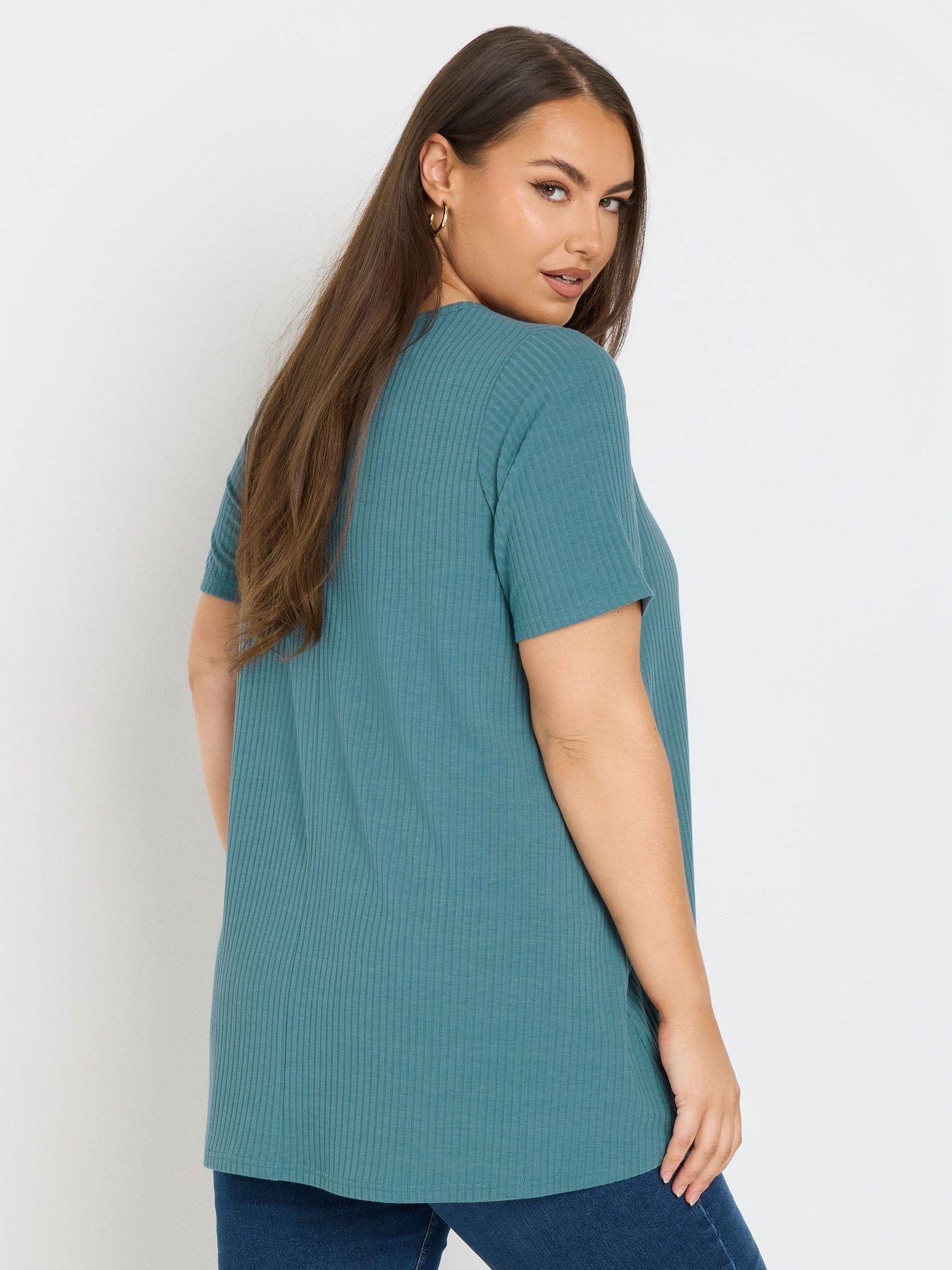Yours Curve Button Front Rib T-Shirt - Teal Blue | Very