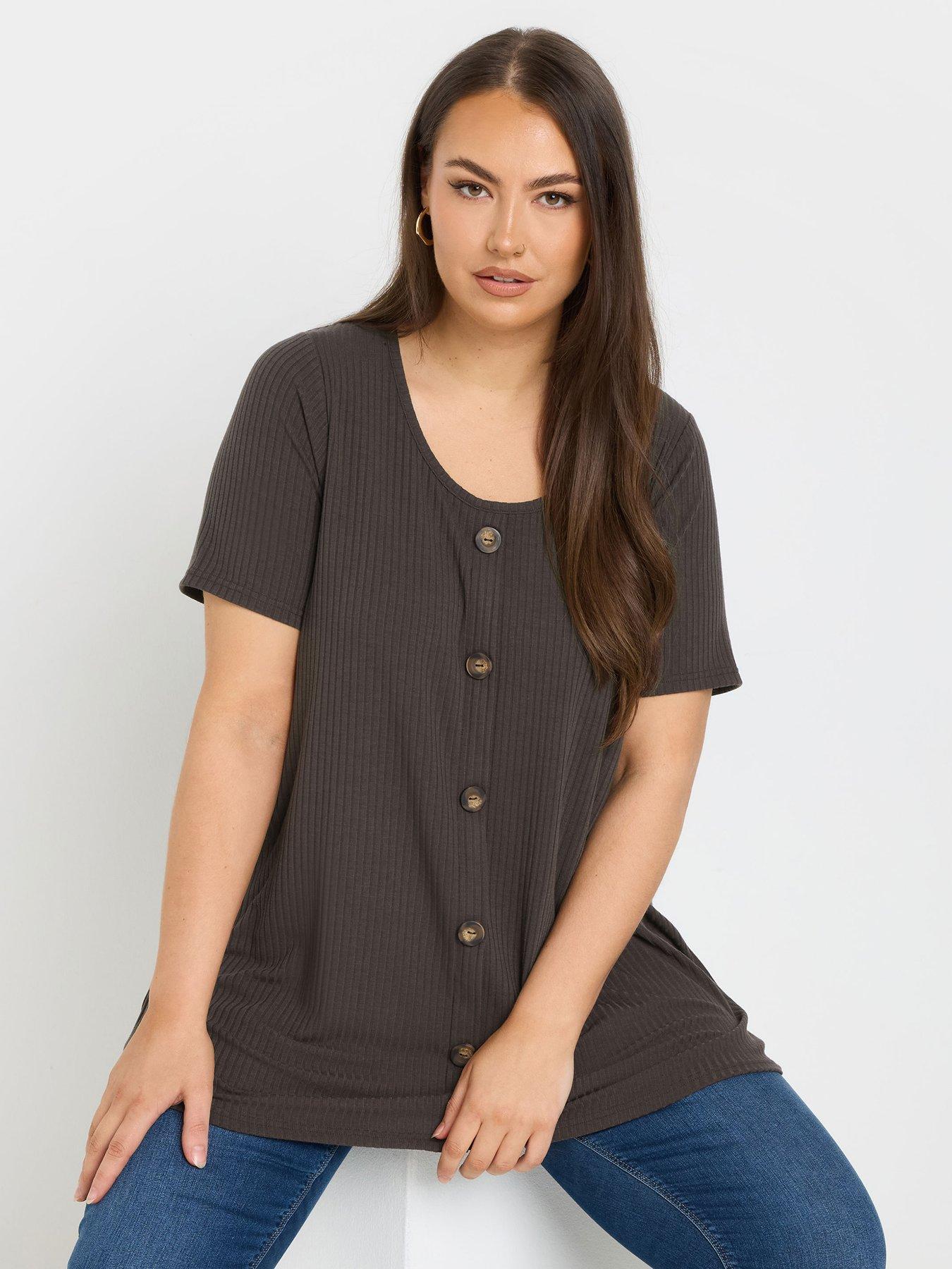Image of Yours Curve Button Front Rib T-Shirt - Brown