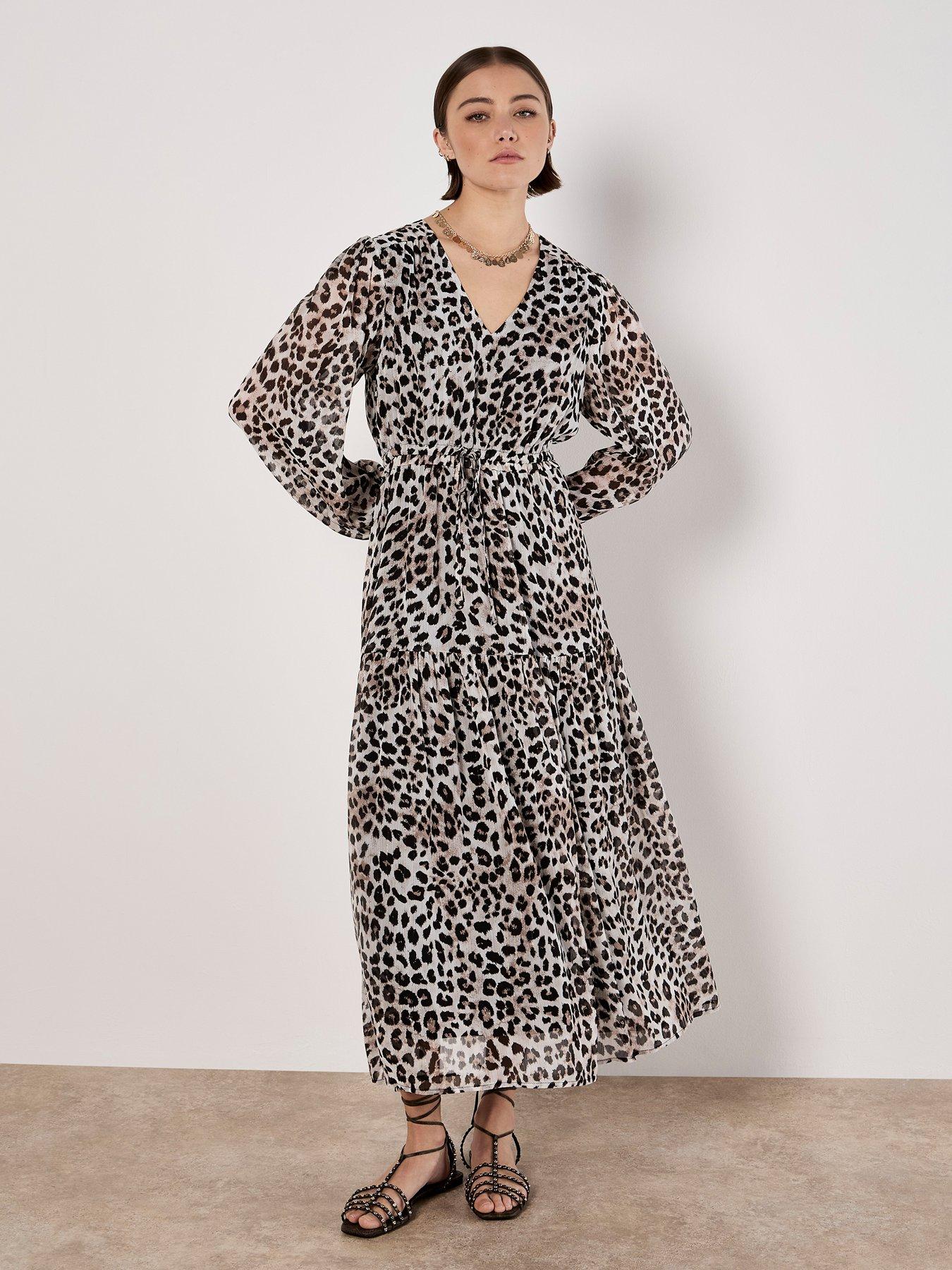Image 1 of 4 of Apricot Leopard Lurex Longsleeve Midi Dress - Stone