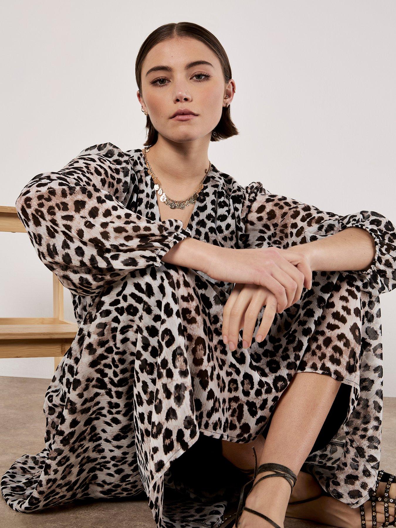 Image 3 of 4 of Apricot Leopard Lurex Longsleeve Midi Dress - Stone