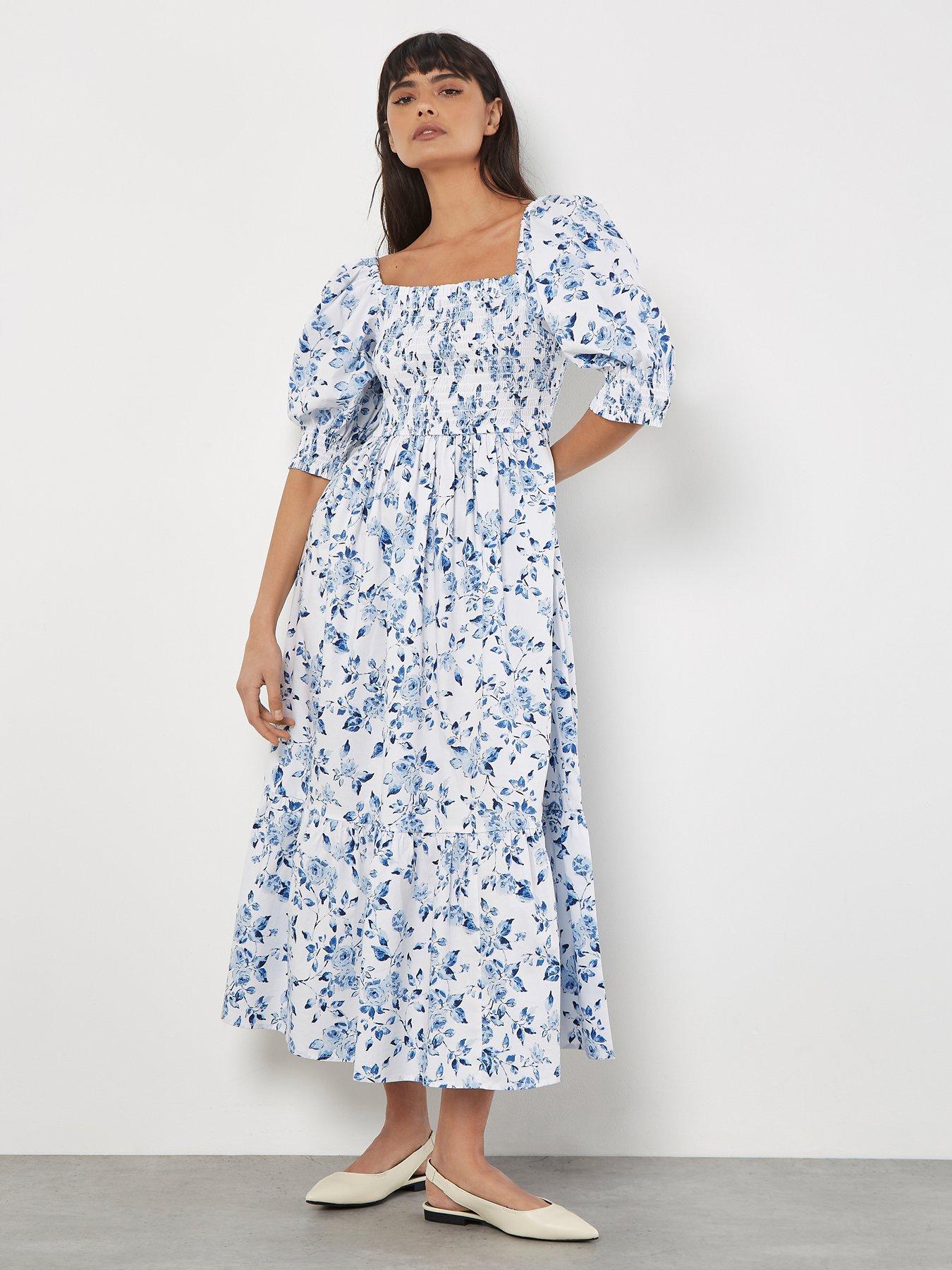 Apricot Rose Smock Milk Maid Cotton Dress - Blue