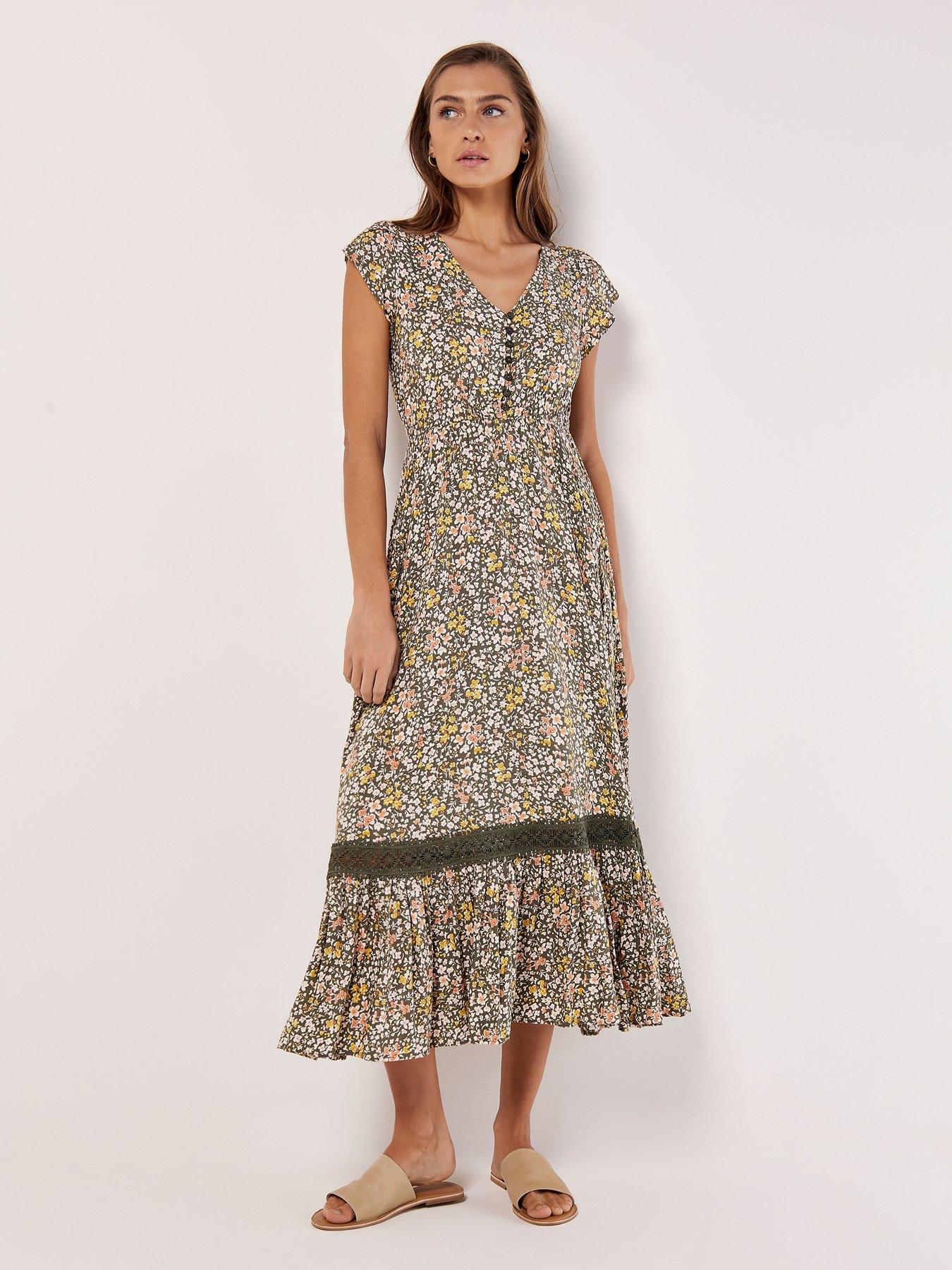 undefined Ditsy Cluster Crochet Maxi Dress - Khaki