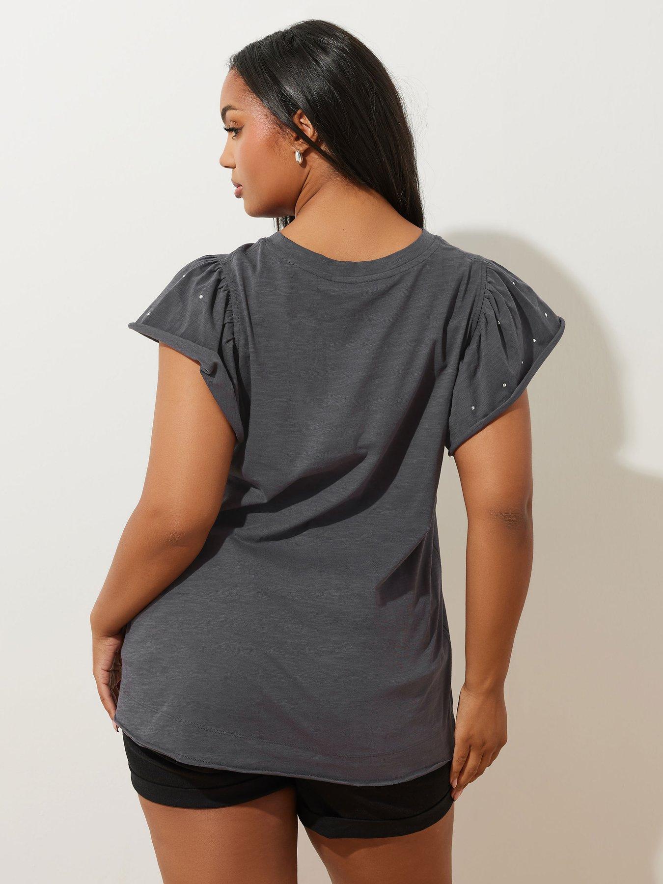 Image 2 of 4 of Yours Curve Frill Sleeve Stud T-Shirt - Grey