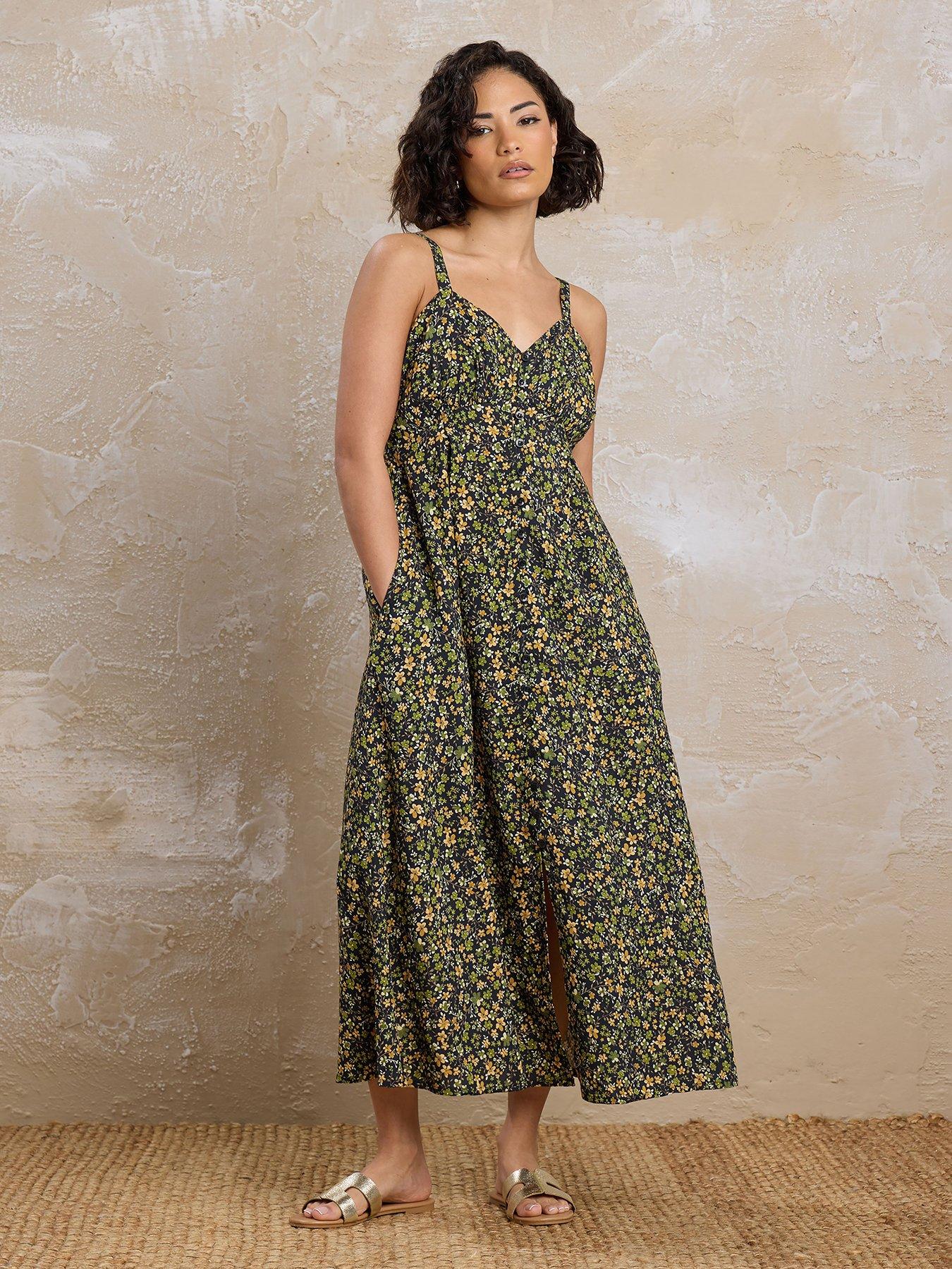 undefined Petite Ditsy Button Strap Midi Dress