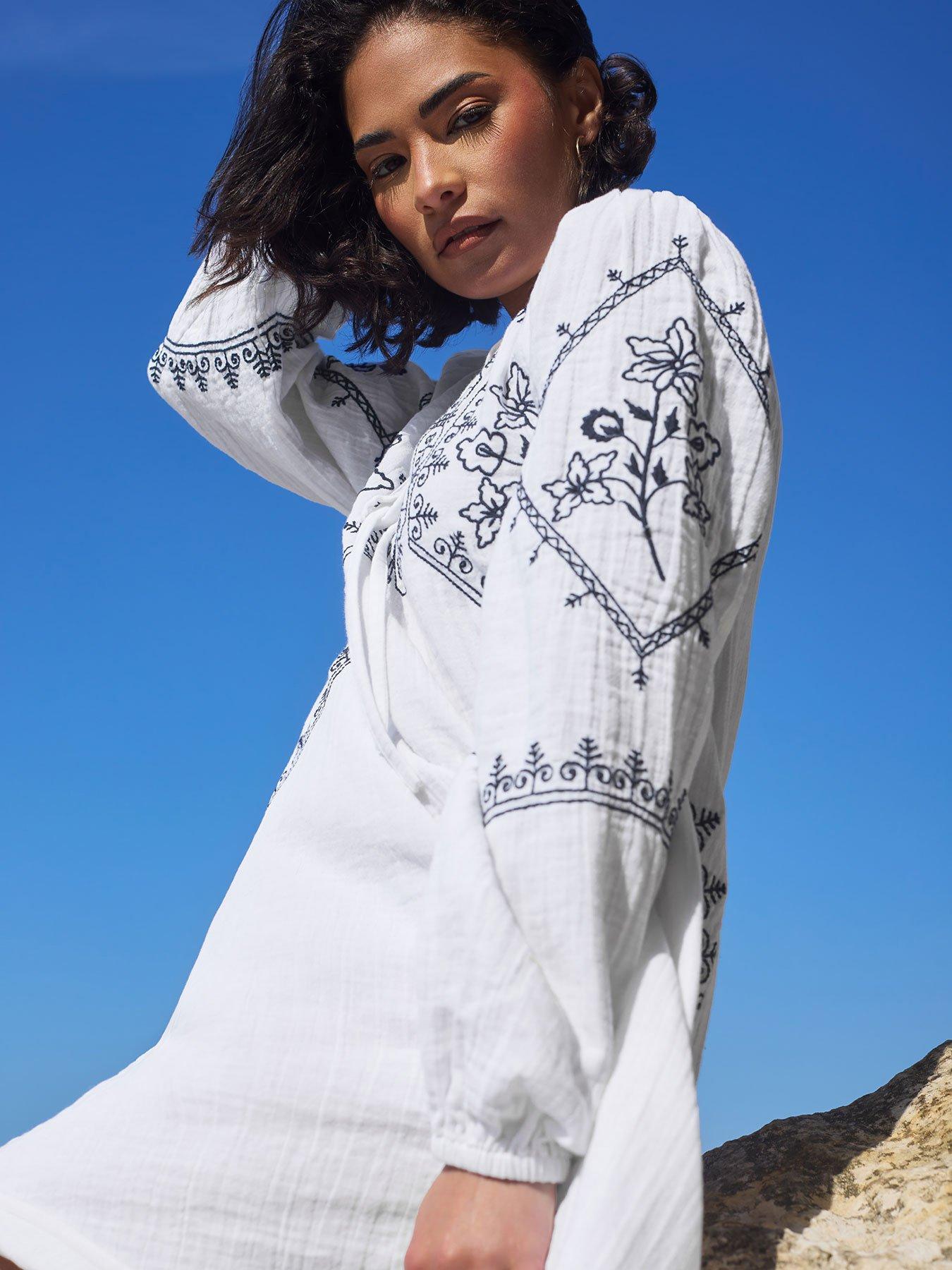 Image of PixieGirl Petite Embroidered Long Sleeve Mini Smock Dress - White