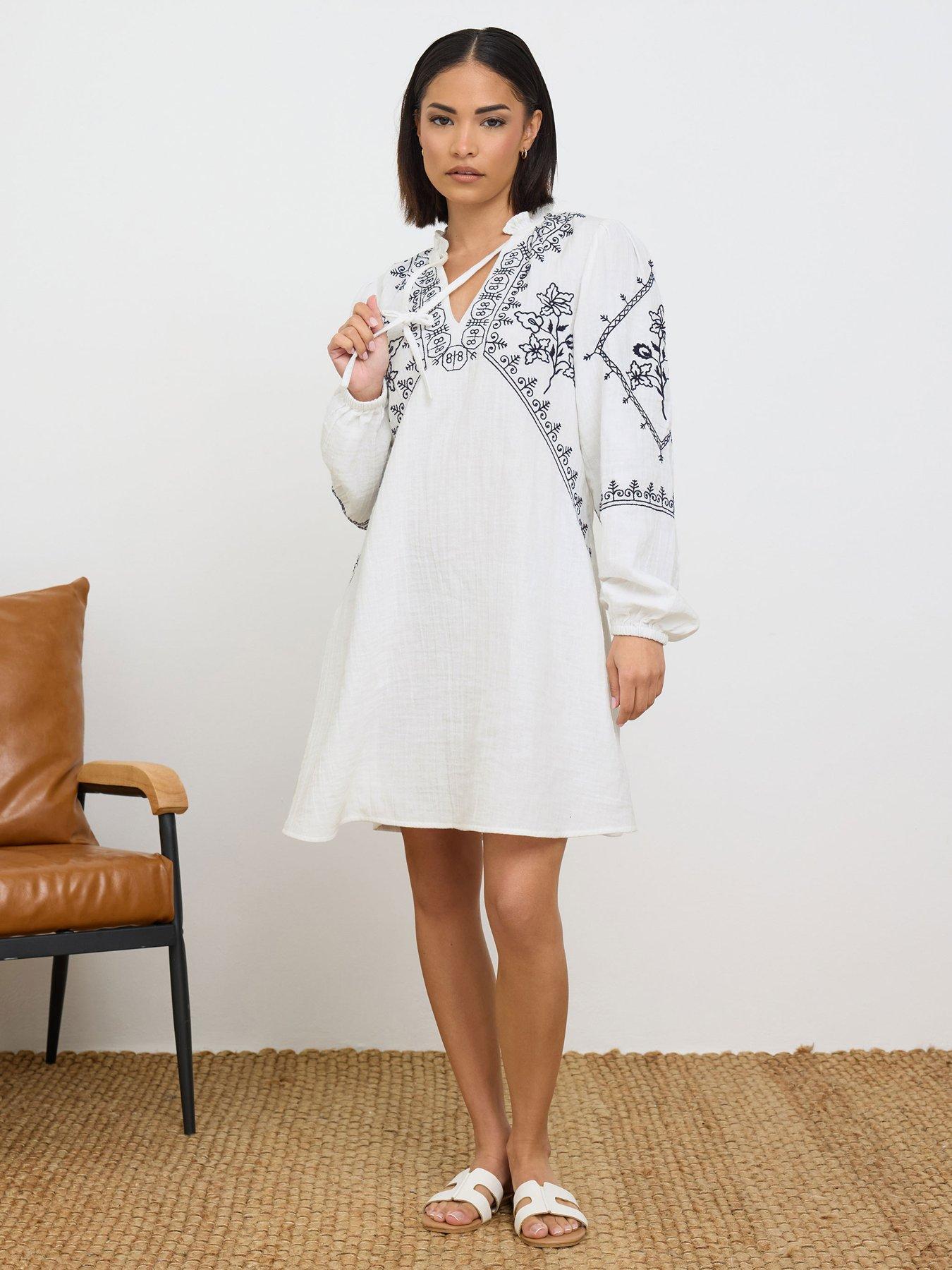 PixieGirl Petite Embroidered Long Sleeve Mini Smock Dress White - Main Image