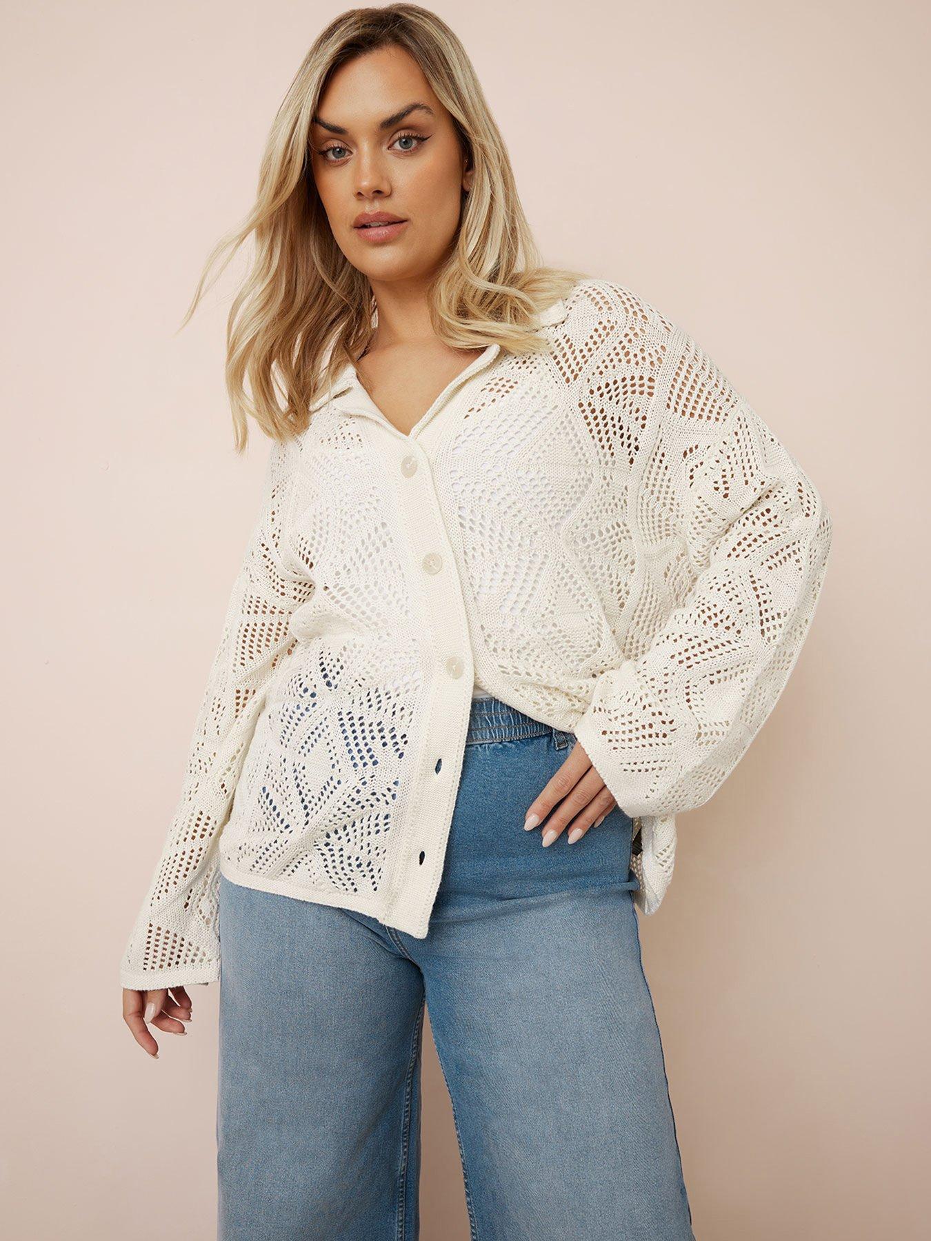 undefined Curve Collar Crochet Cardigan - Ivory