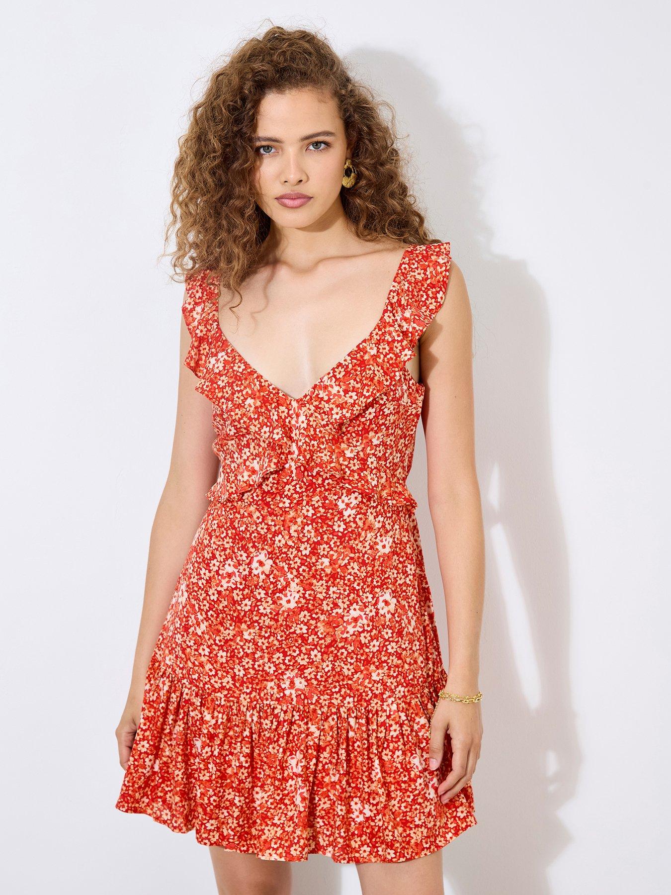 undefined Viscose Voile Ditsy Print Dress - Red