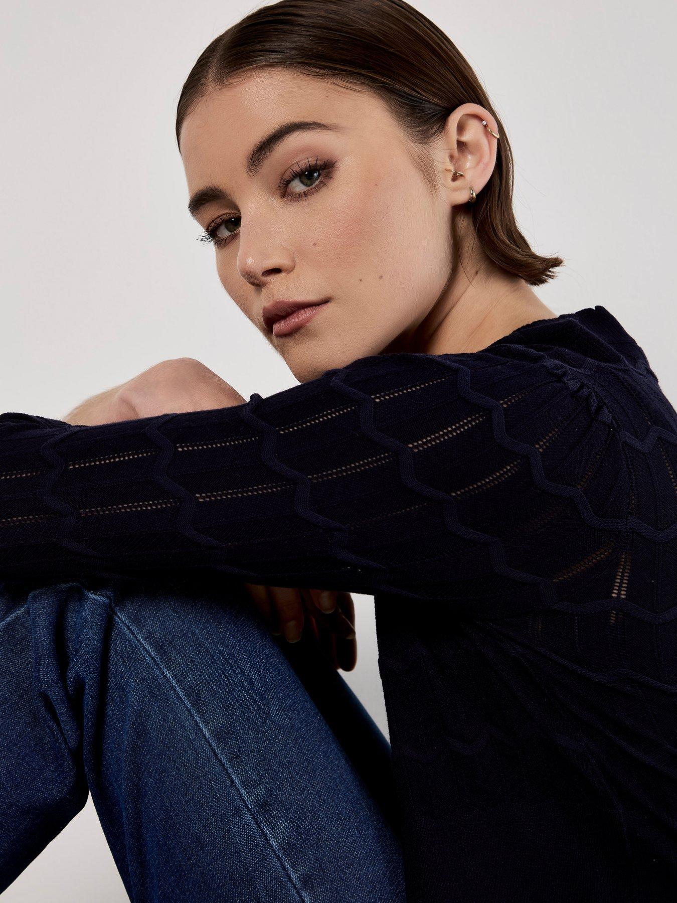 Image 5 of 5 of Apricot Pointelle Chevron Shrug - Navy