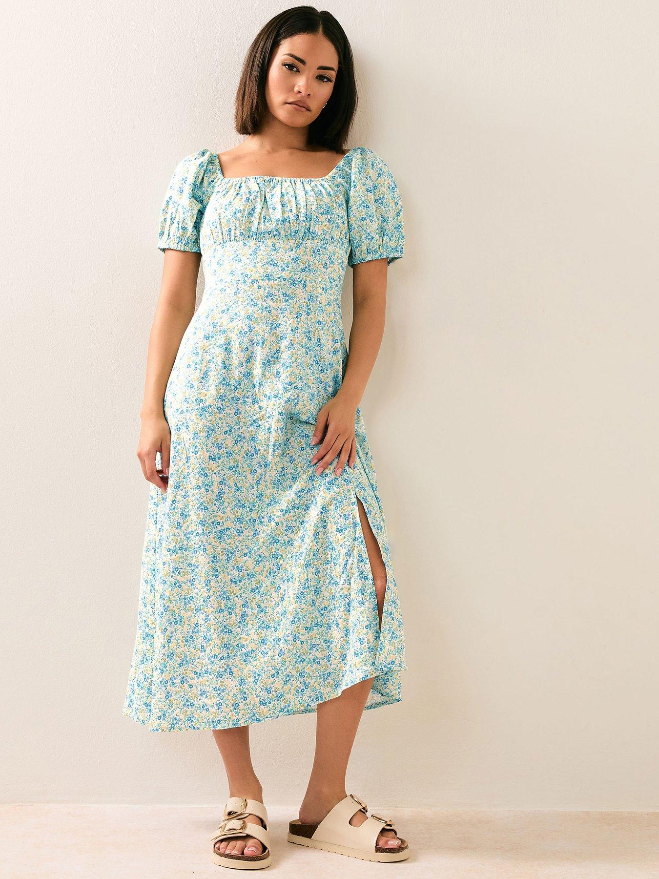 undefined Petite Ruched Ditsy Midi Dress - Blue