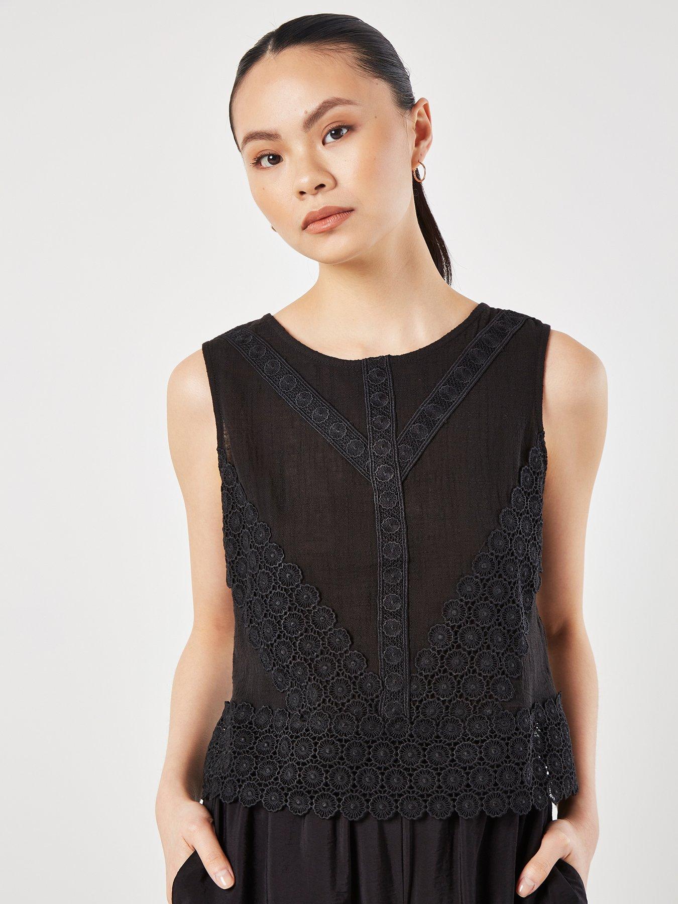 undefined Lace Hem Back Bow Cotton Top - Black