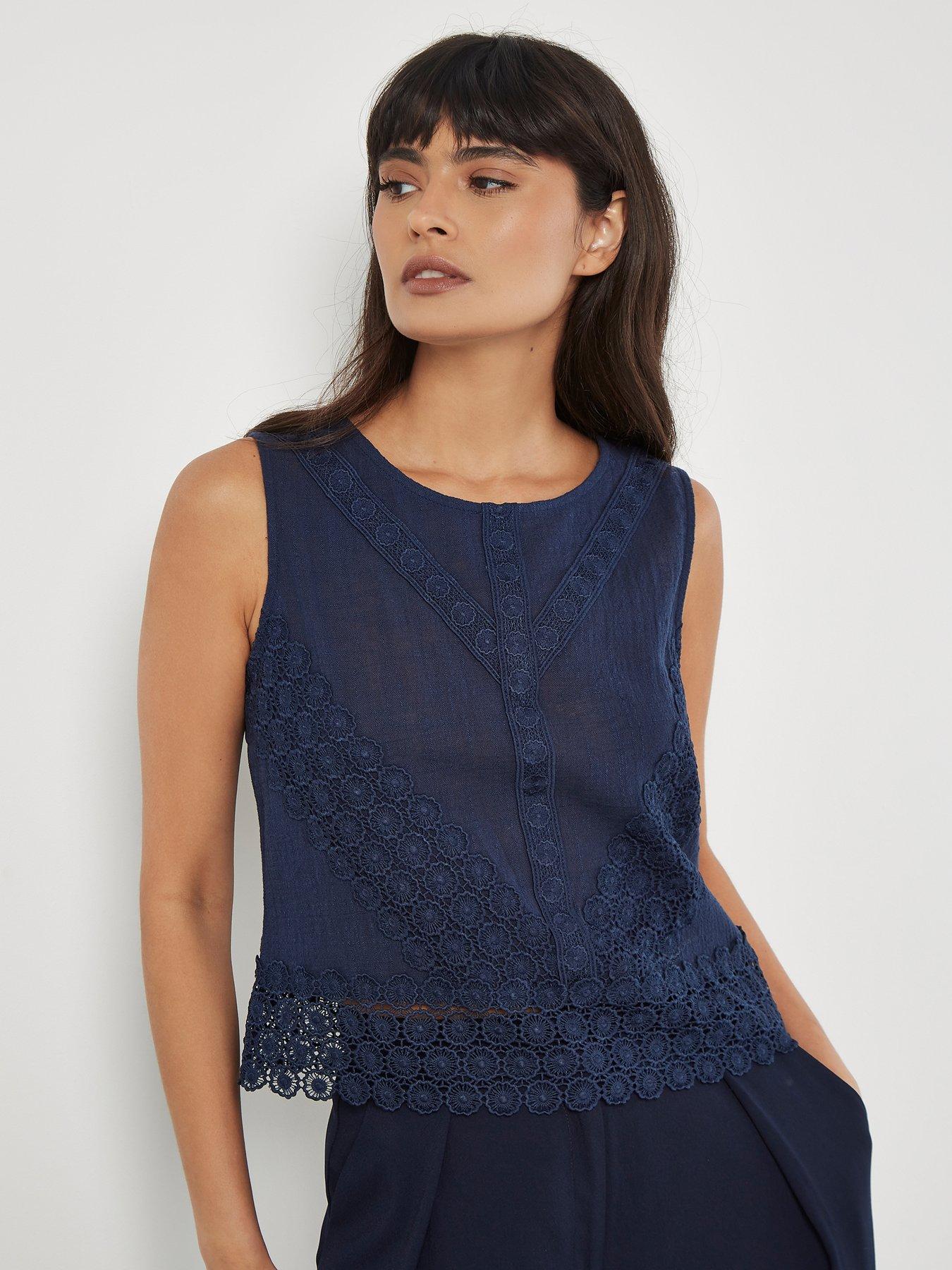 undefined Lace Hem Back Bow Cotton Top - Navy