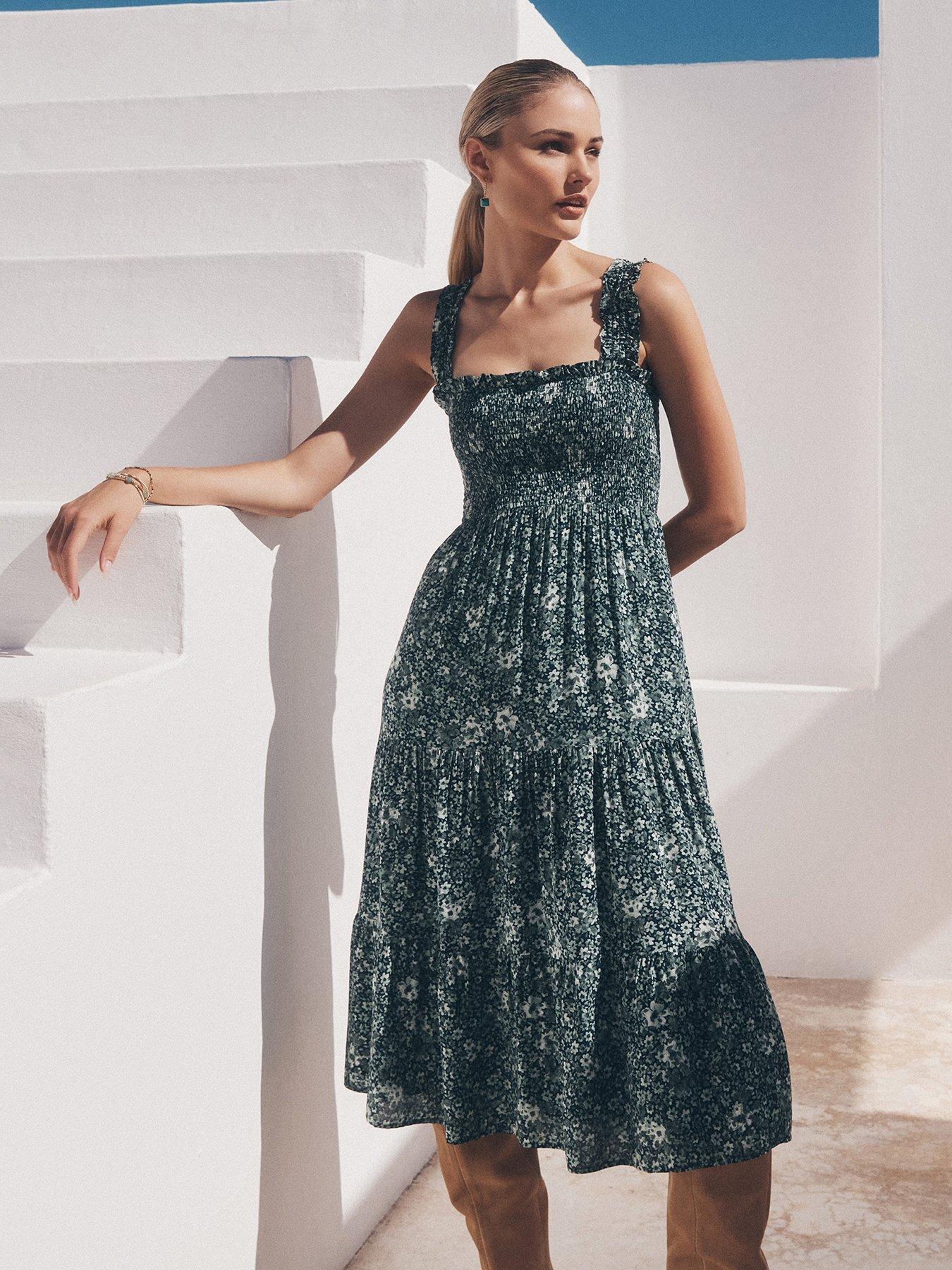Image 1 of 5 of Apricot Viscose Voile Ditsy Midi Dress - Navy