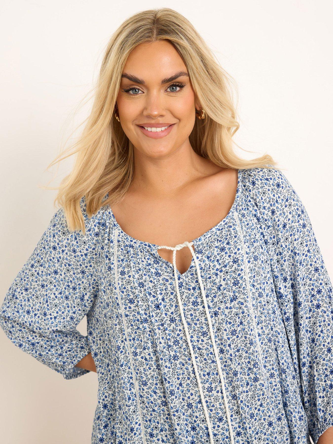 Image 4 of 4 of Yours Curve Gypsy Long Sleeve Ditsy Top - Blue