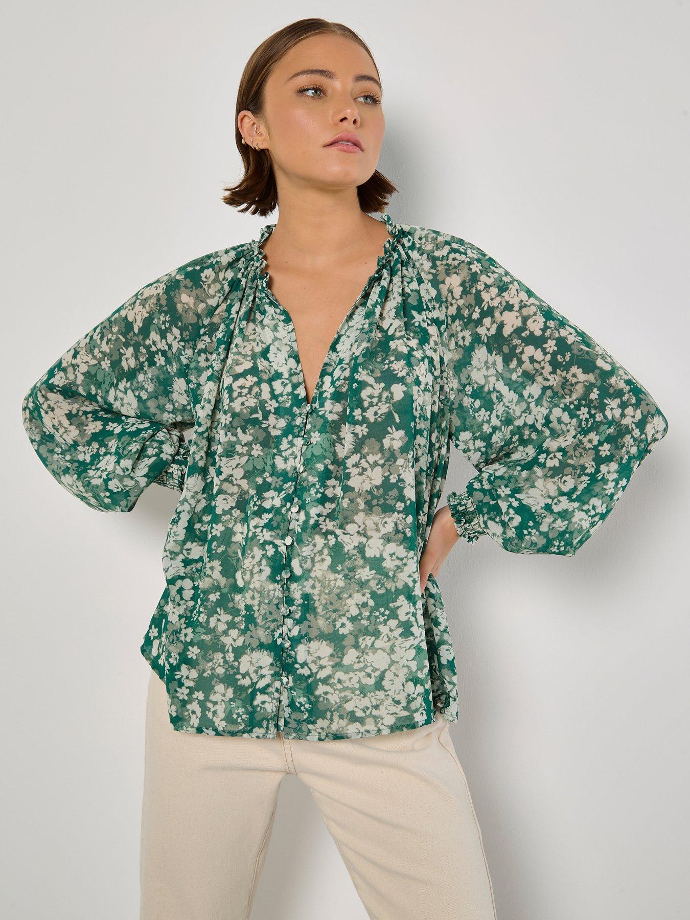 undefined Floral Raglan Volume Blouse - Green
