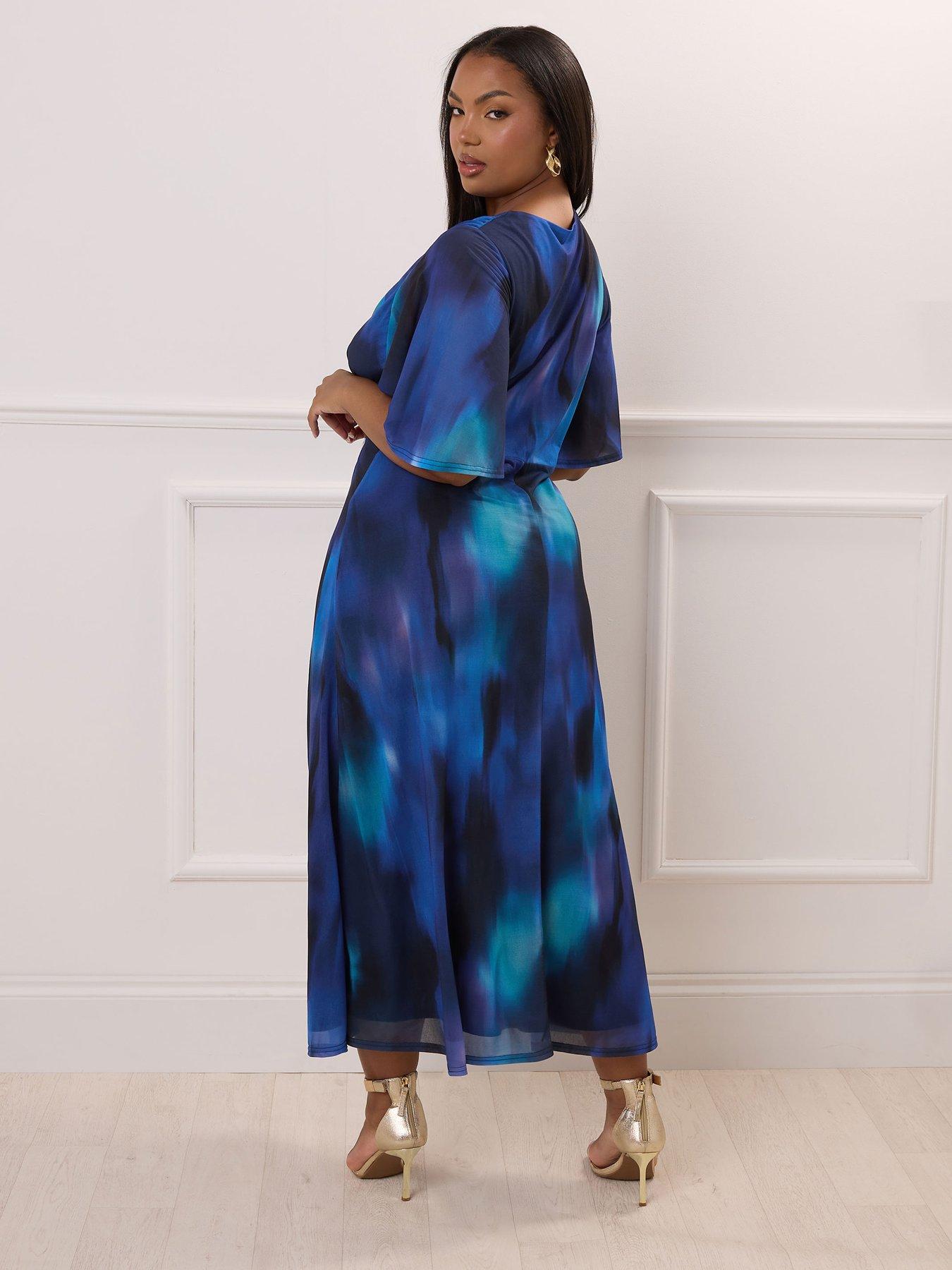 Angela Lace-Trimmed Bust Angel Sleeve Dress Steel Blue