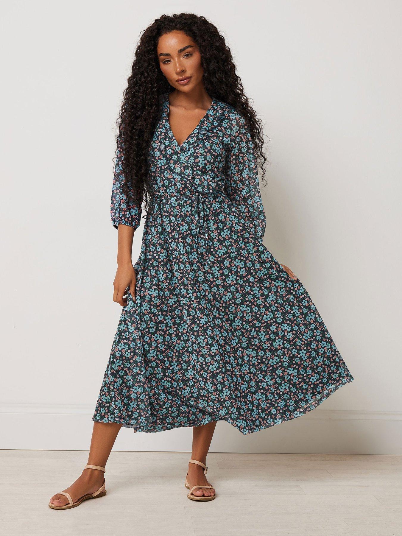 undefined Petite Ditsy Mesh Wrap Ruffle Dress