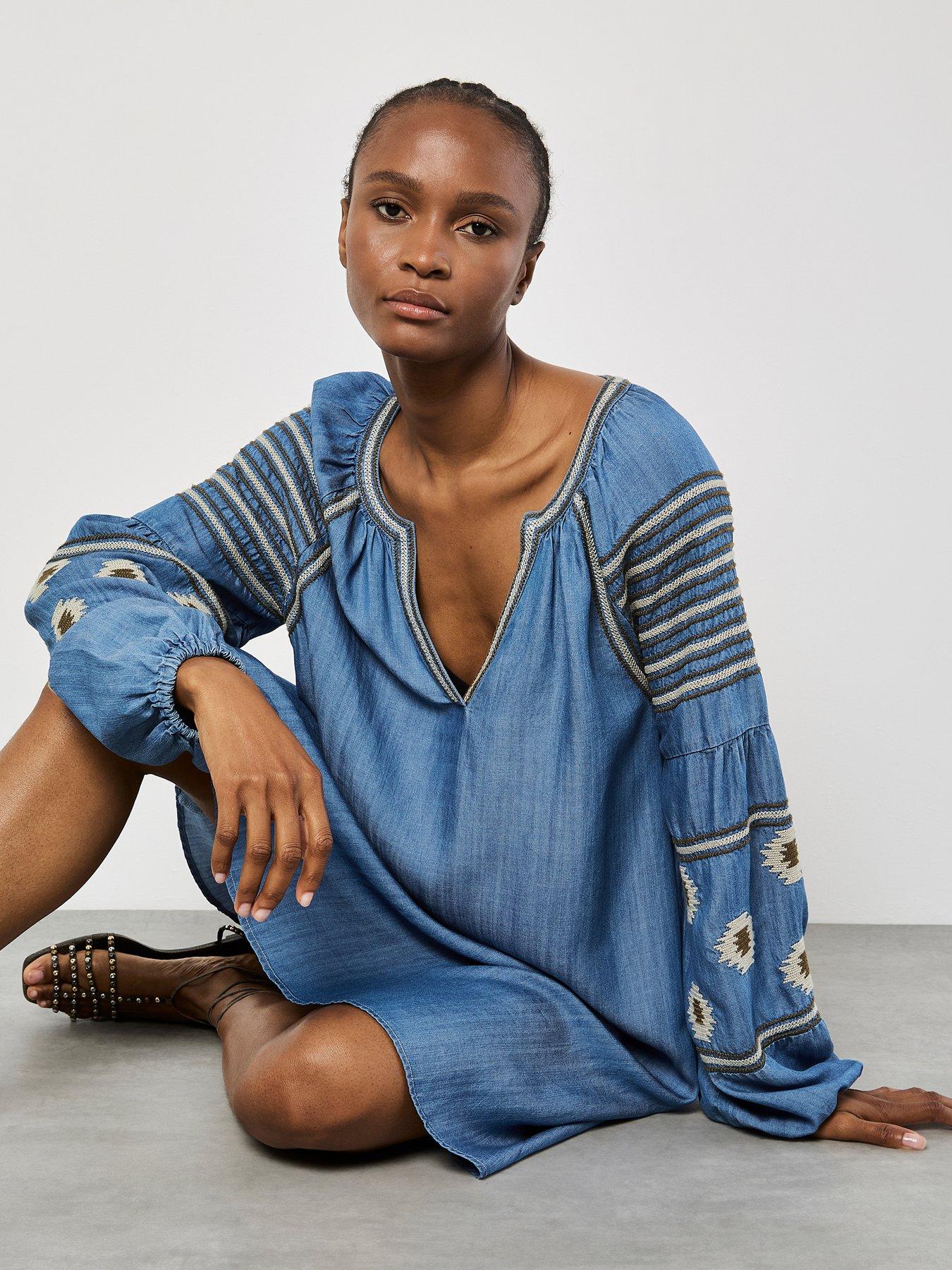 undefined Denim Balloon Sleeve Dress - Blue