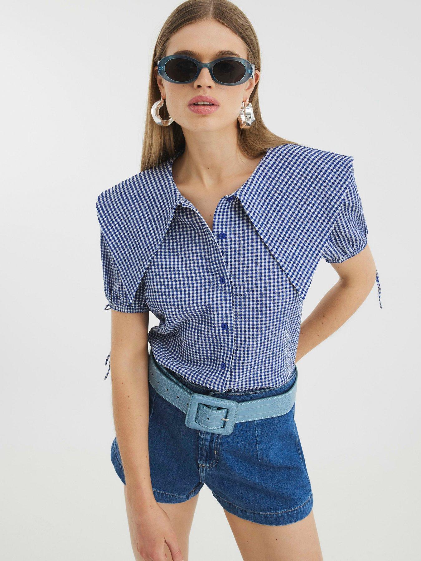 undefined Short Sleeve Collared Gingham Shirt - Blue
