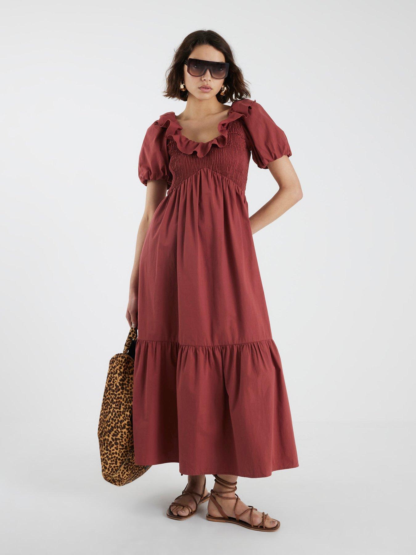 River Island: V Neck Frill Midi Dress - Red