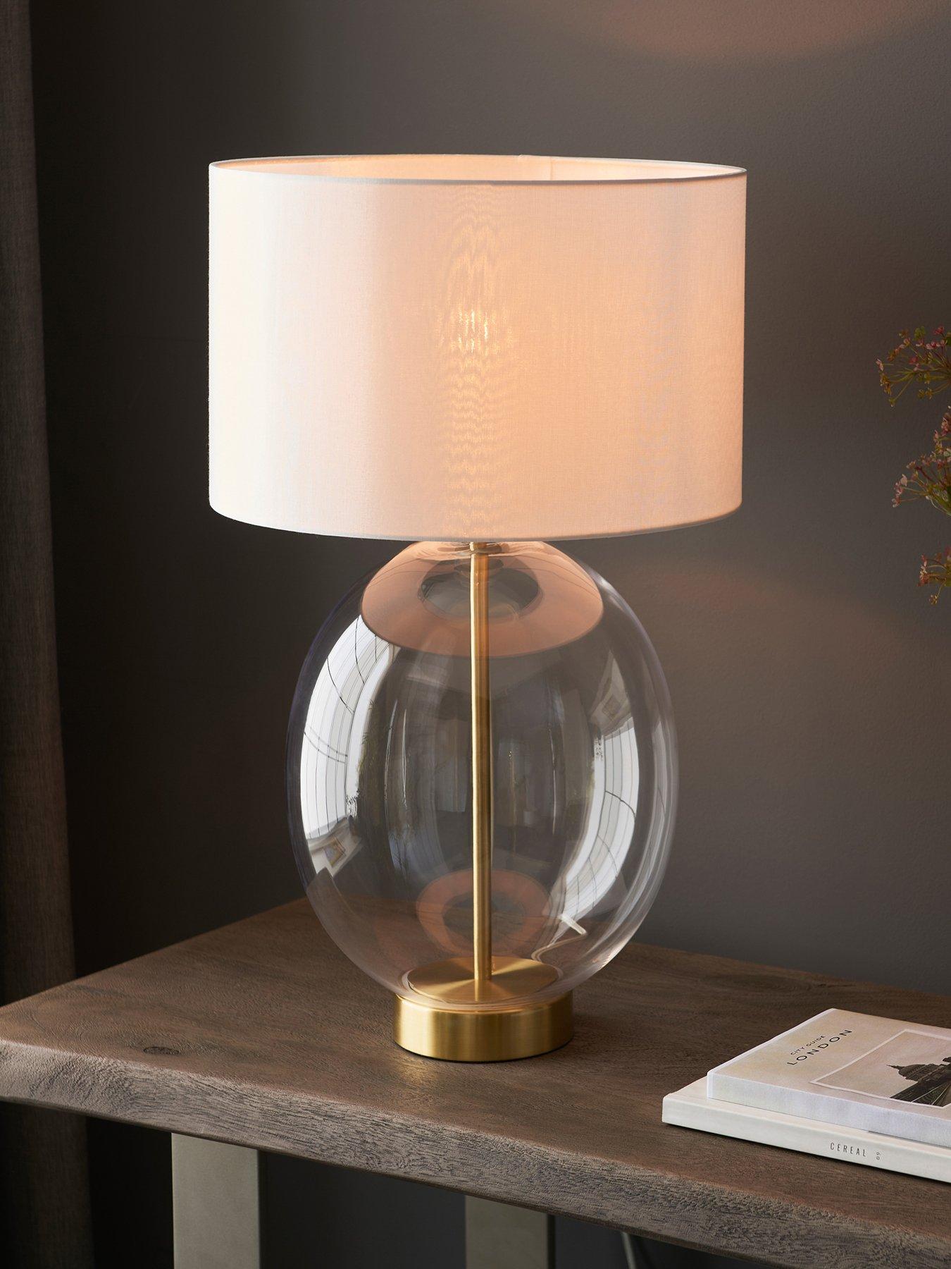 Product photograph of Gallery Kelda Oval Table Lamp Satin Brass Vintage White from very.co.uk