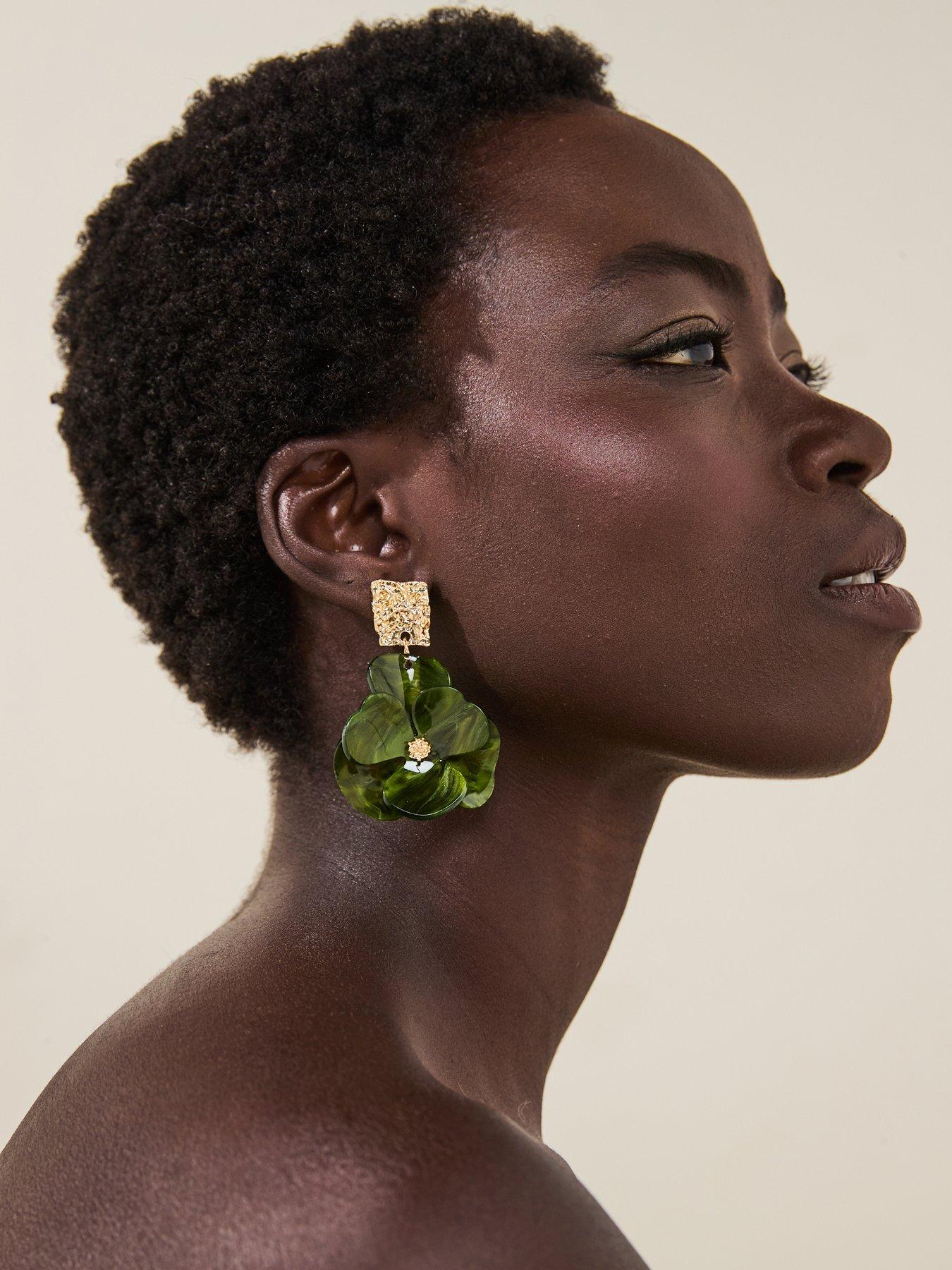 Image 1 of 5 of V by Very Gold Plated Green Flower Drop Earrings